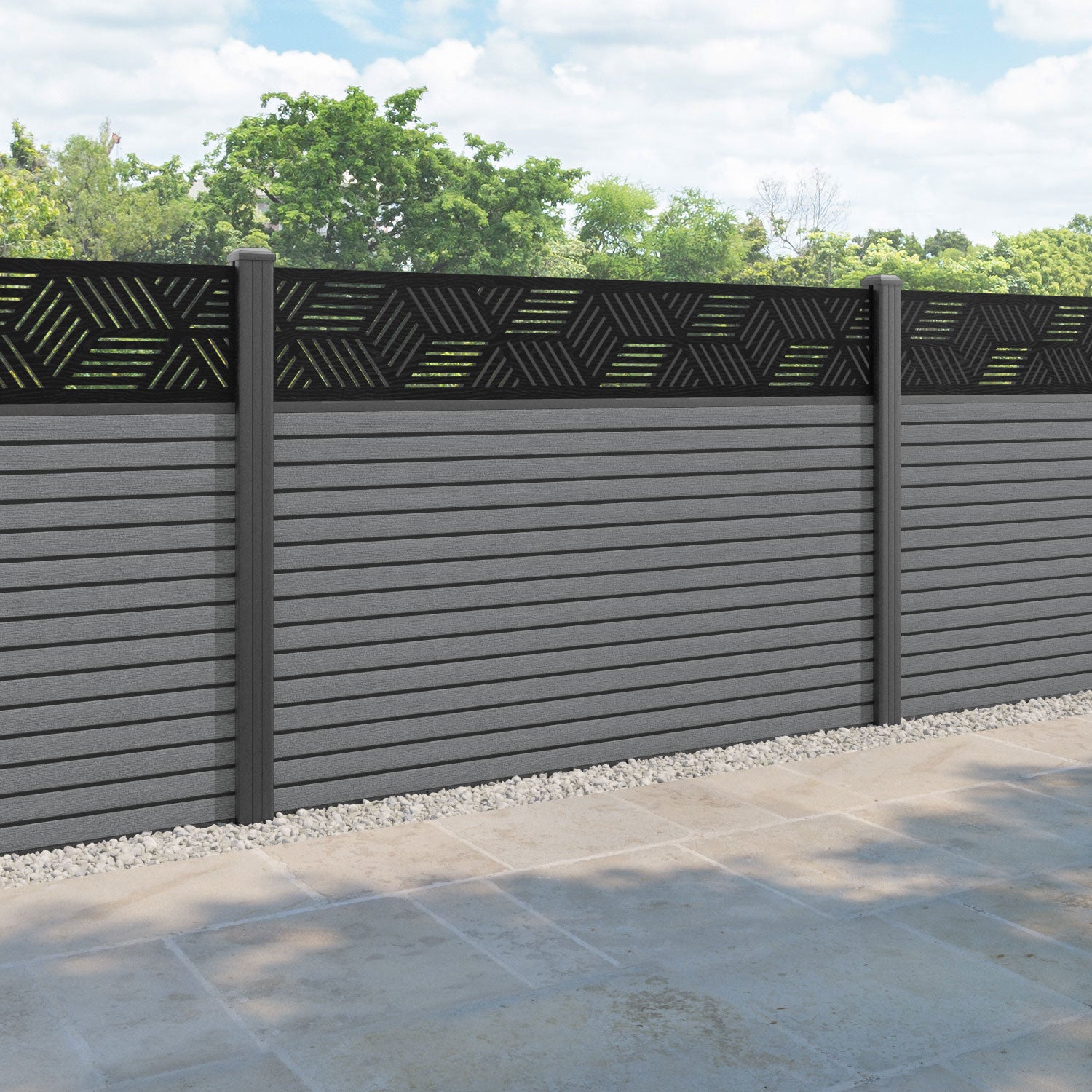 Hudson Cubed Fence Panel - Mid Grey - with our aluminium posts