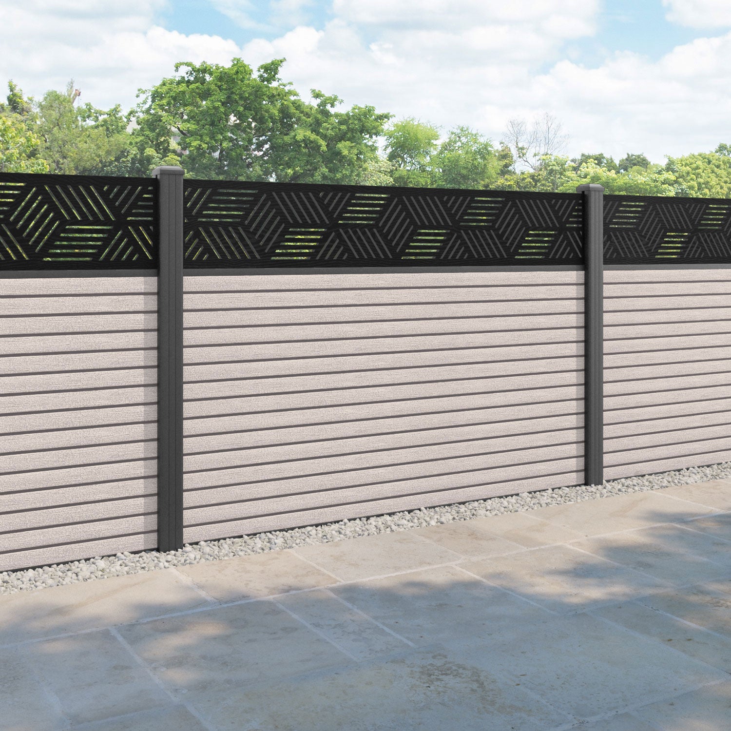 Hudson Cubed Fence Panel - Mid Stone - with our aluminium posts