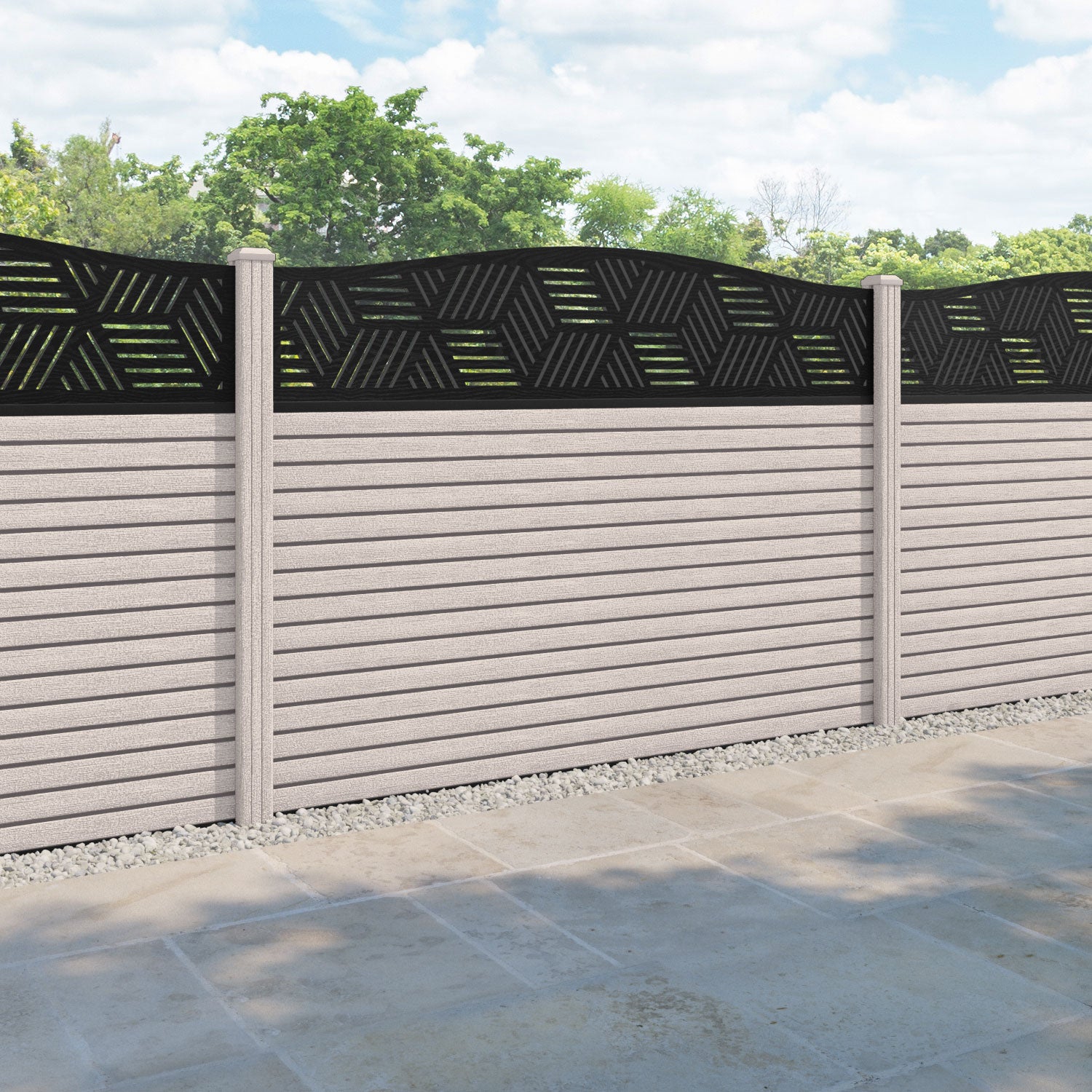 Hudson Cubed Curved Top Fence Panel - Mid Stone - with our composite posts