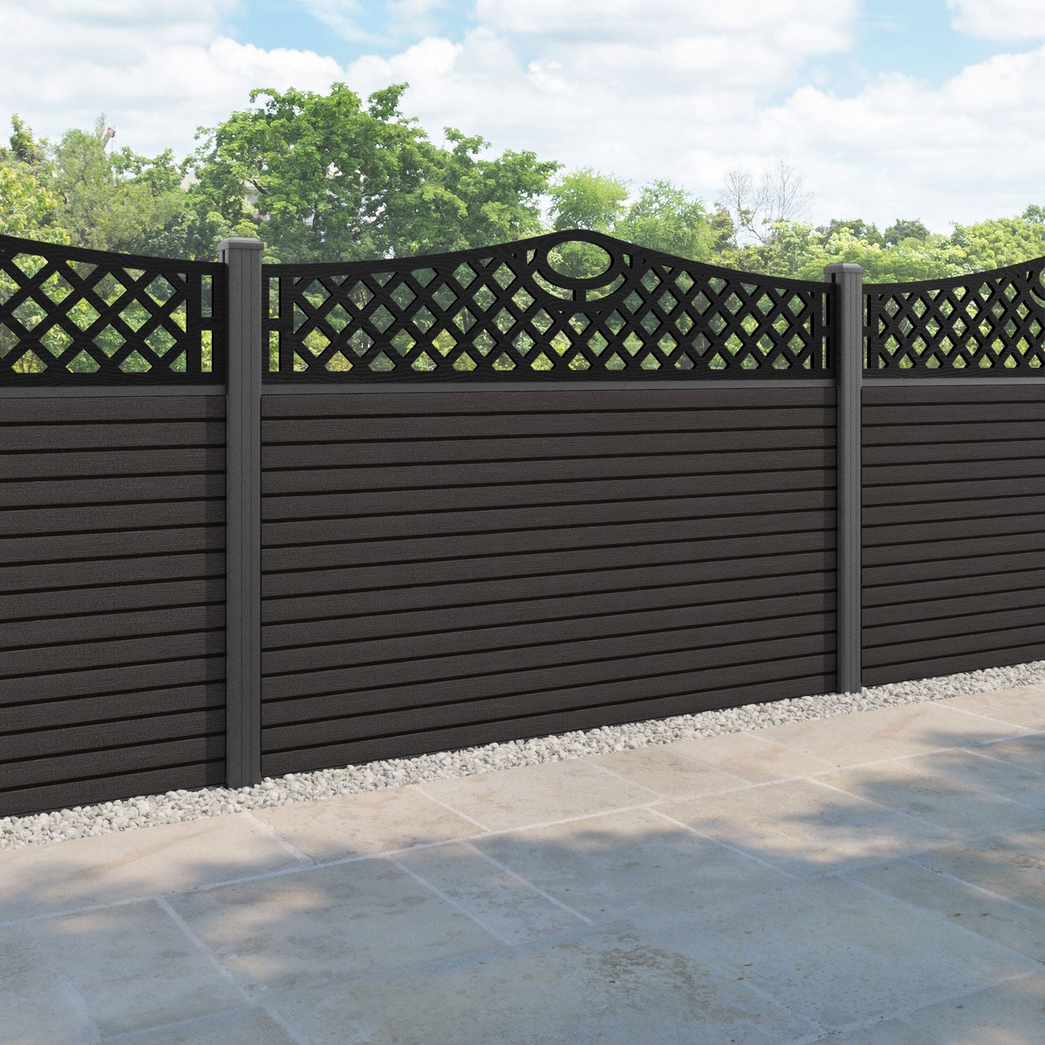 Hudson Oxford Curved Top Fence Panel - Dark Oak - with our aluminium posts