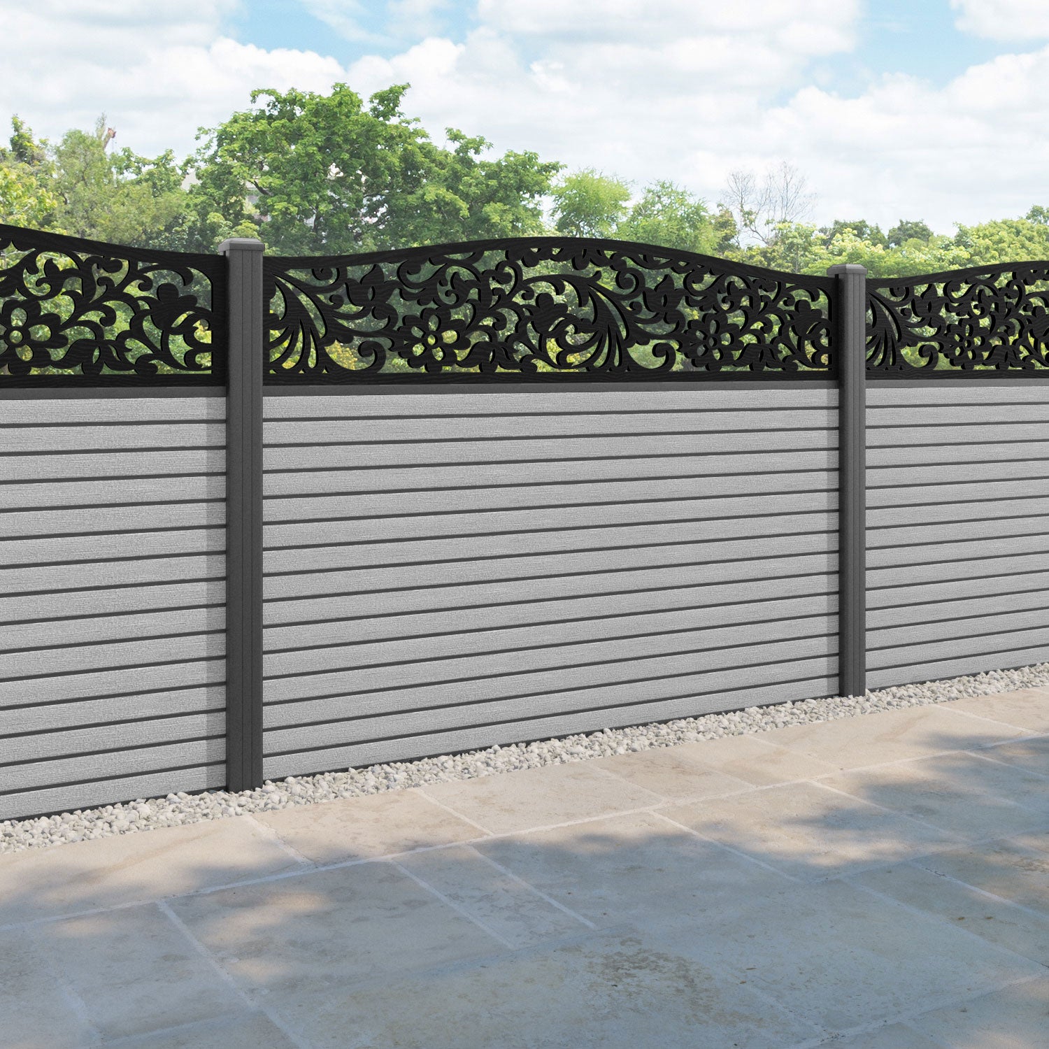 Hudson Eden Curved Top Fence Panel - Light Grey - with our aluminium posts