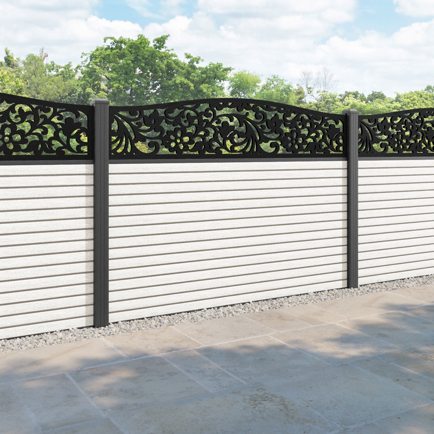 Hudson Eden Curved Top Fence Panel - Light Stone - with our aluminium posts