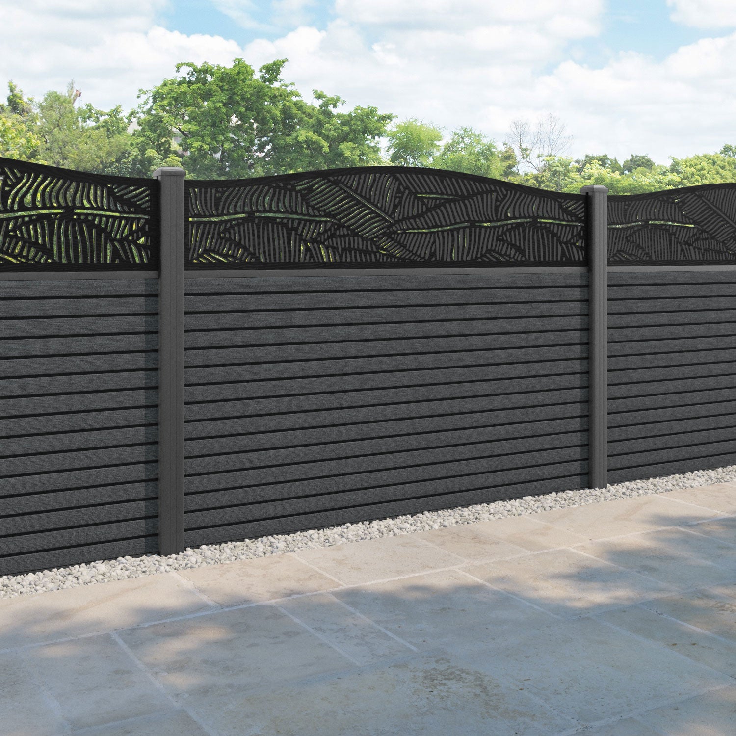 Hudson Feather Curved Top Fence Panel - Dark Grey - with our aluminium posts