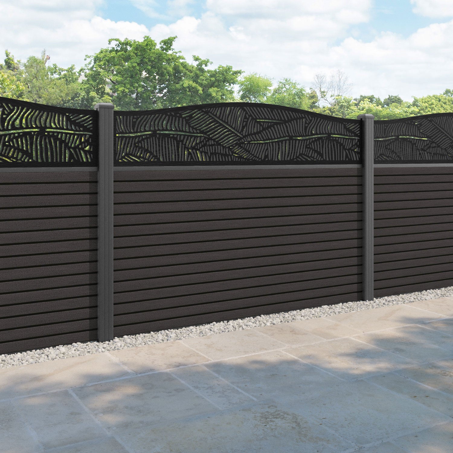 Hudson Feather Curved Top Fence Panel - Dark Oak - with our aluminium posts