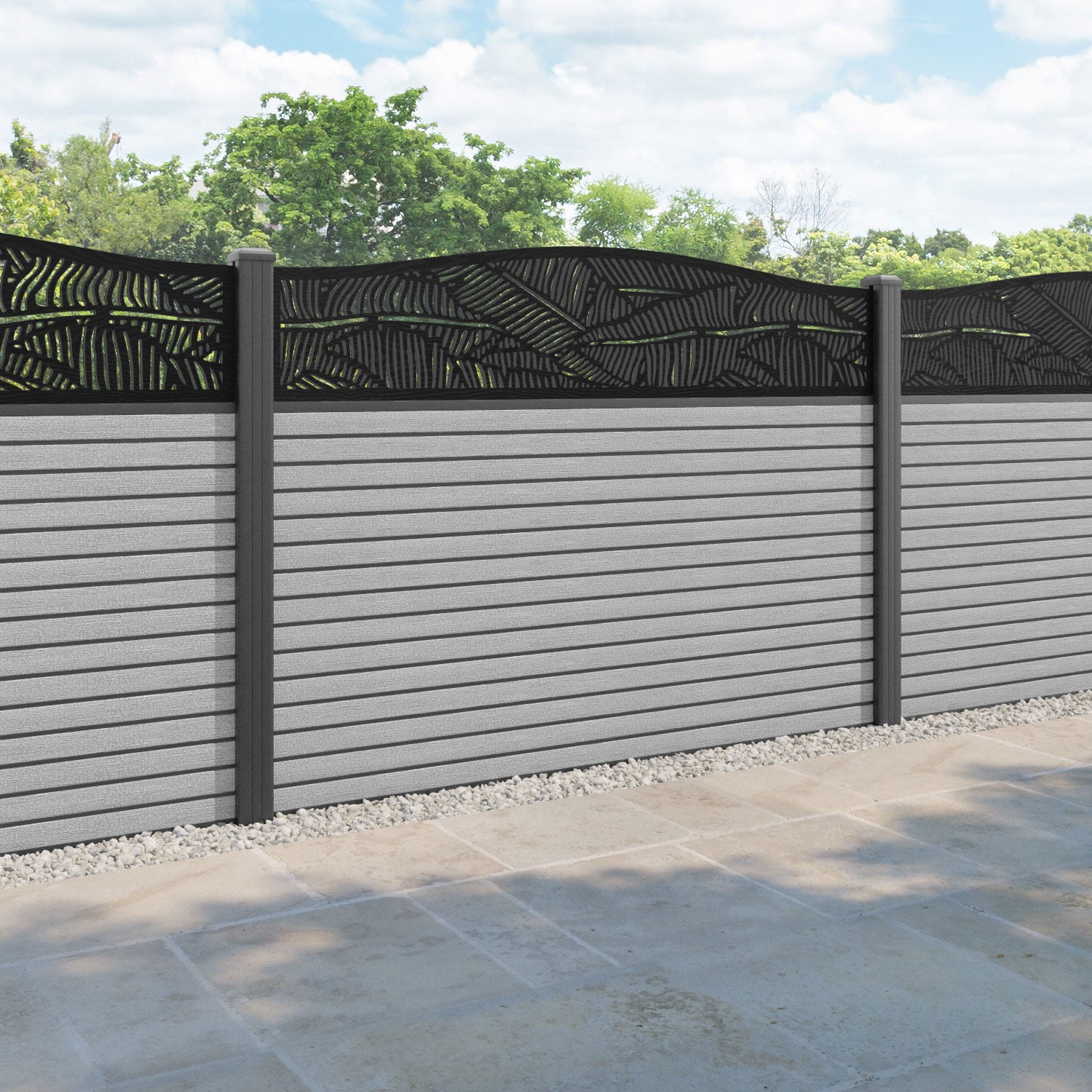 Hudson Feather Curved Top Fence Panel - Light Grey - with our aluminium posts