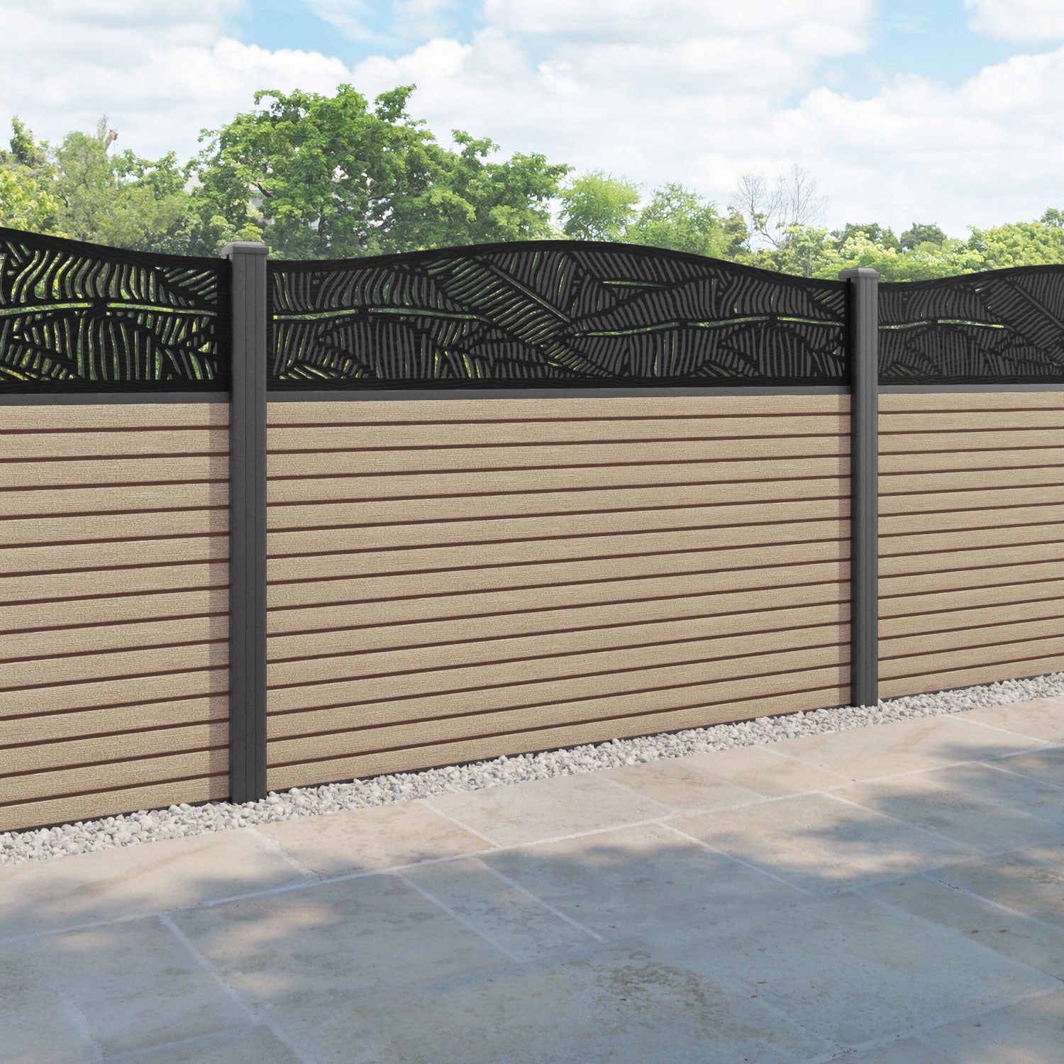 Hudson Feather Curved Top Fence Panel - Light Oak - with our aluminium posts