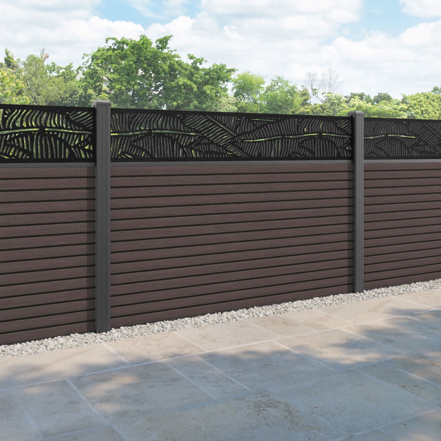 Hudson Feather Fence Panel - Mid Brown - with our aluminium posts