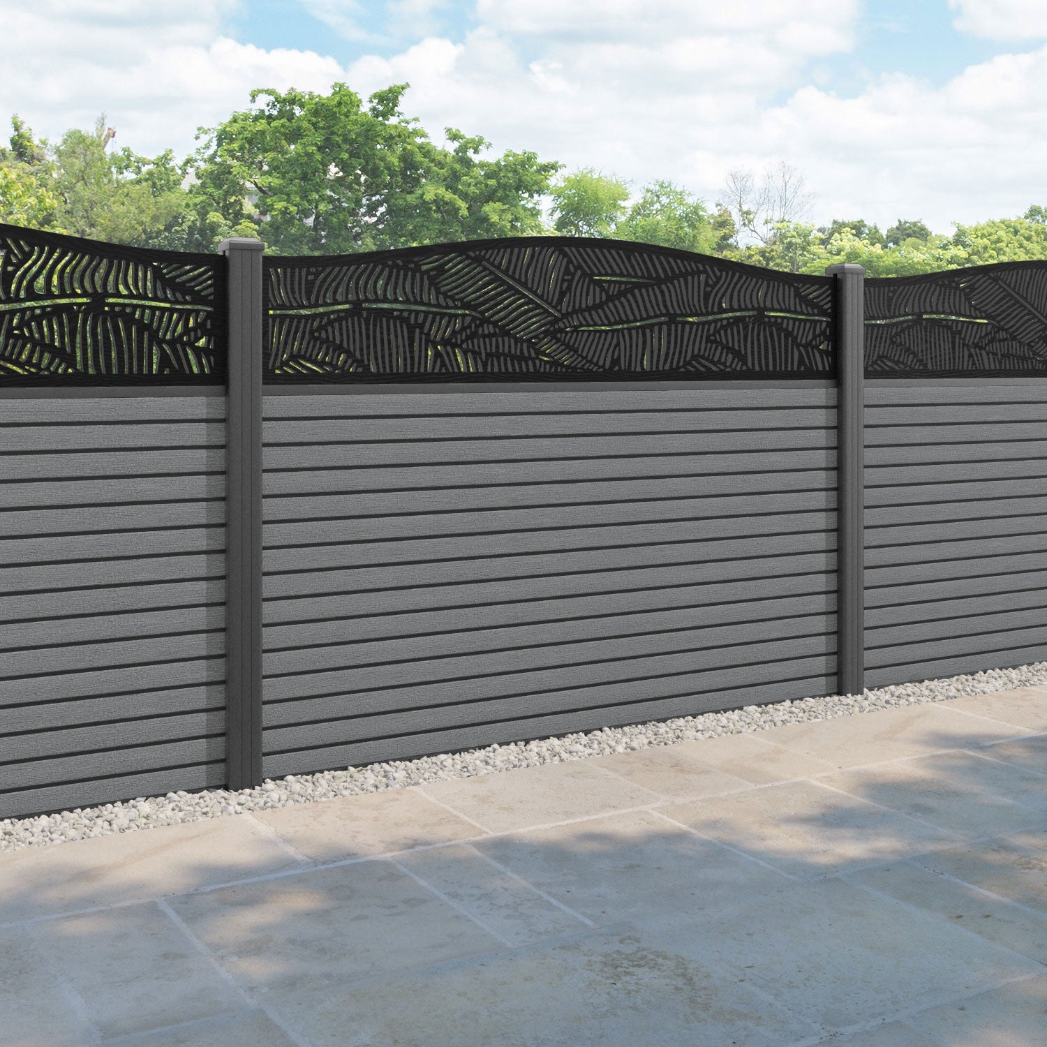 Hudson Feather Curved Top Fence Panel - Mid Grey - with our aluminium posts