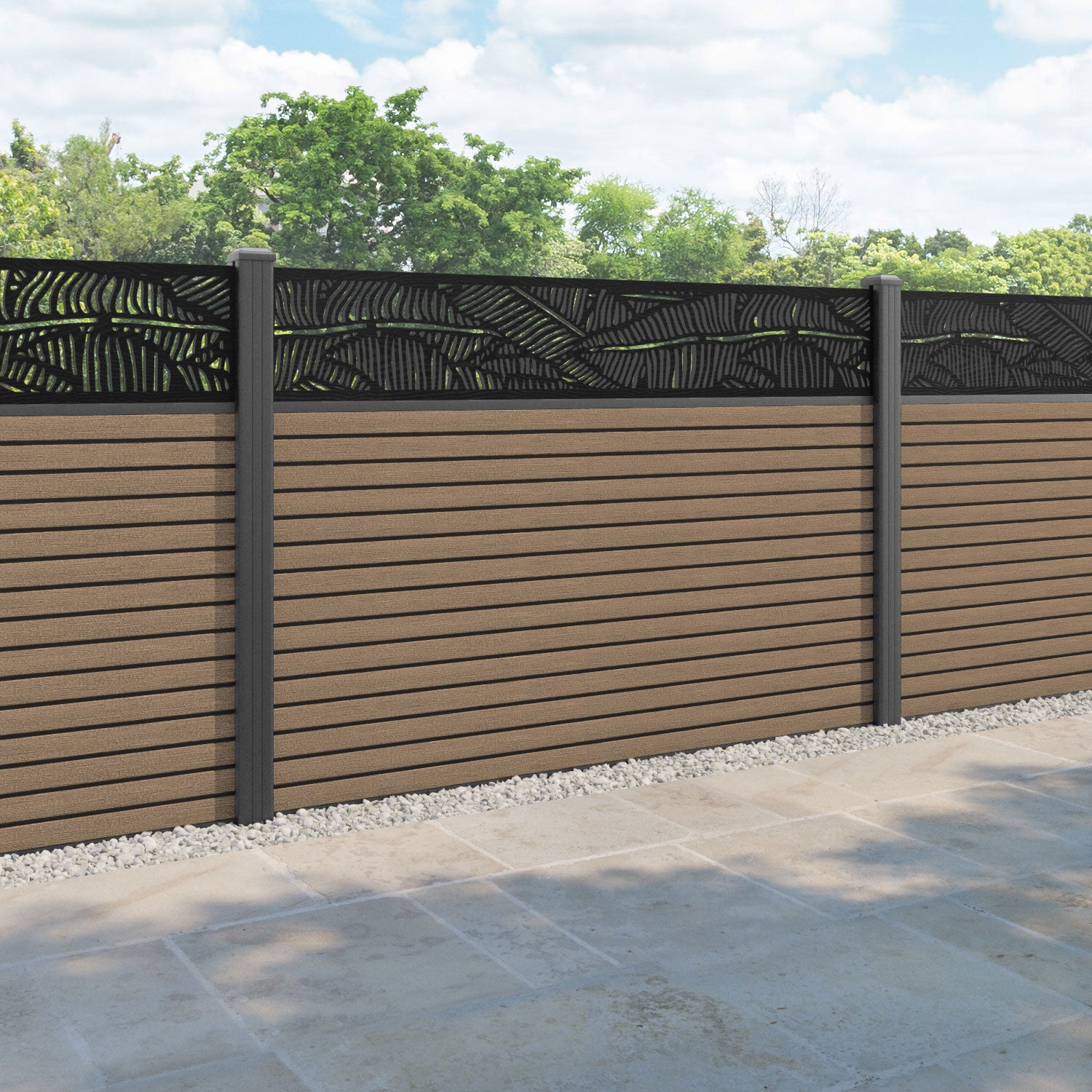 Hudson Feather Fence Panel - Teak - with our aluminium posts