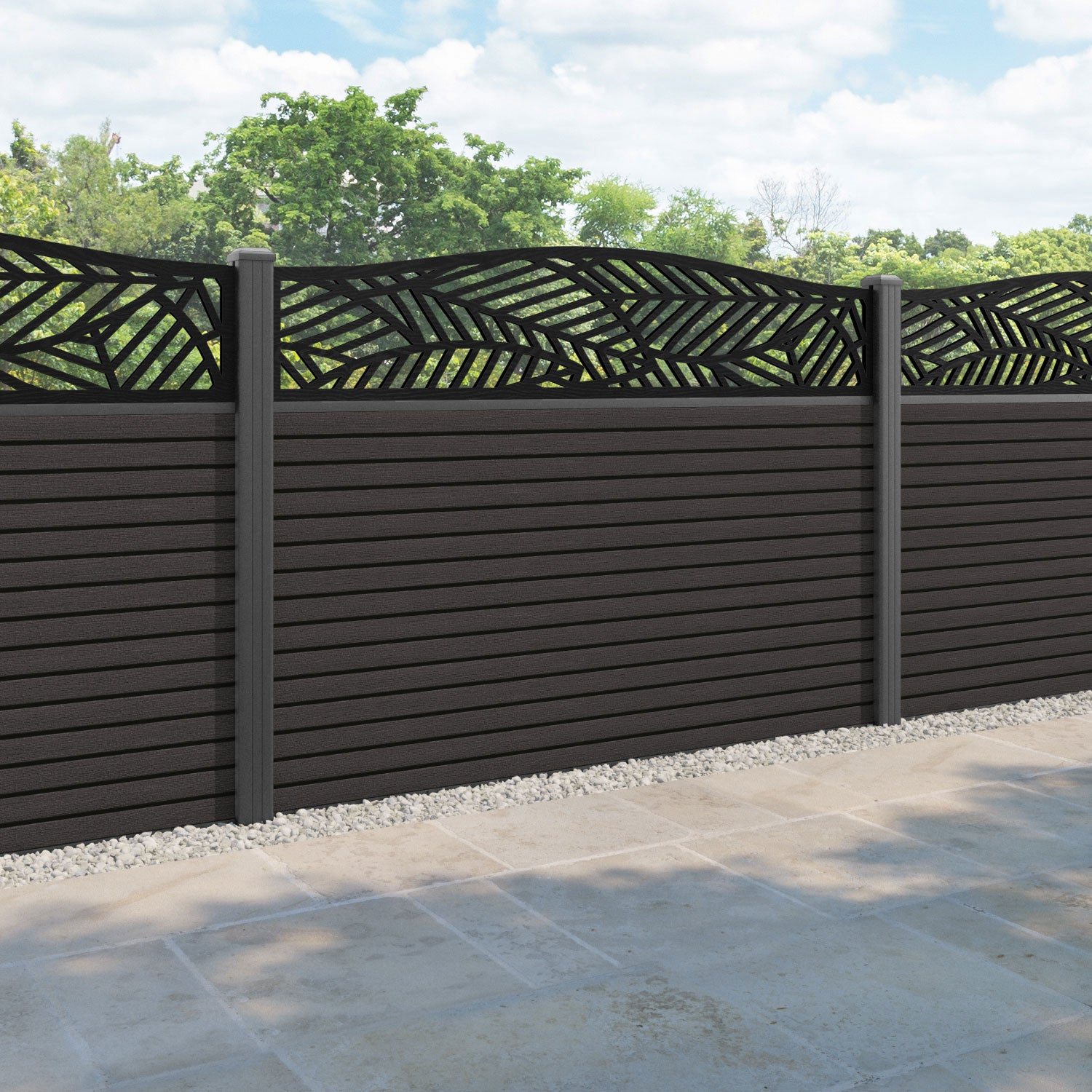 Hudson Habitat Curved Top Fence Panel - Dark Oak - with our aluminium posts