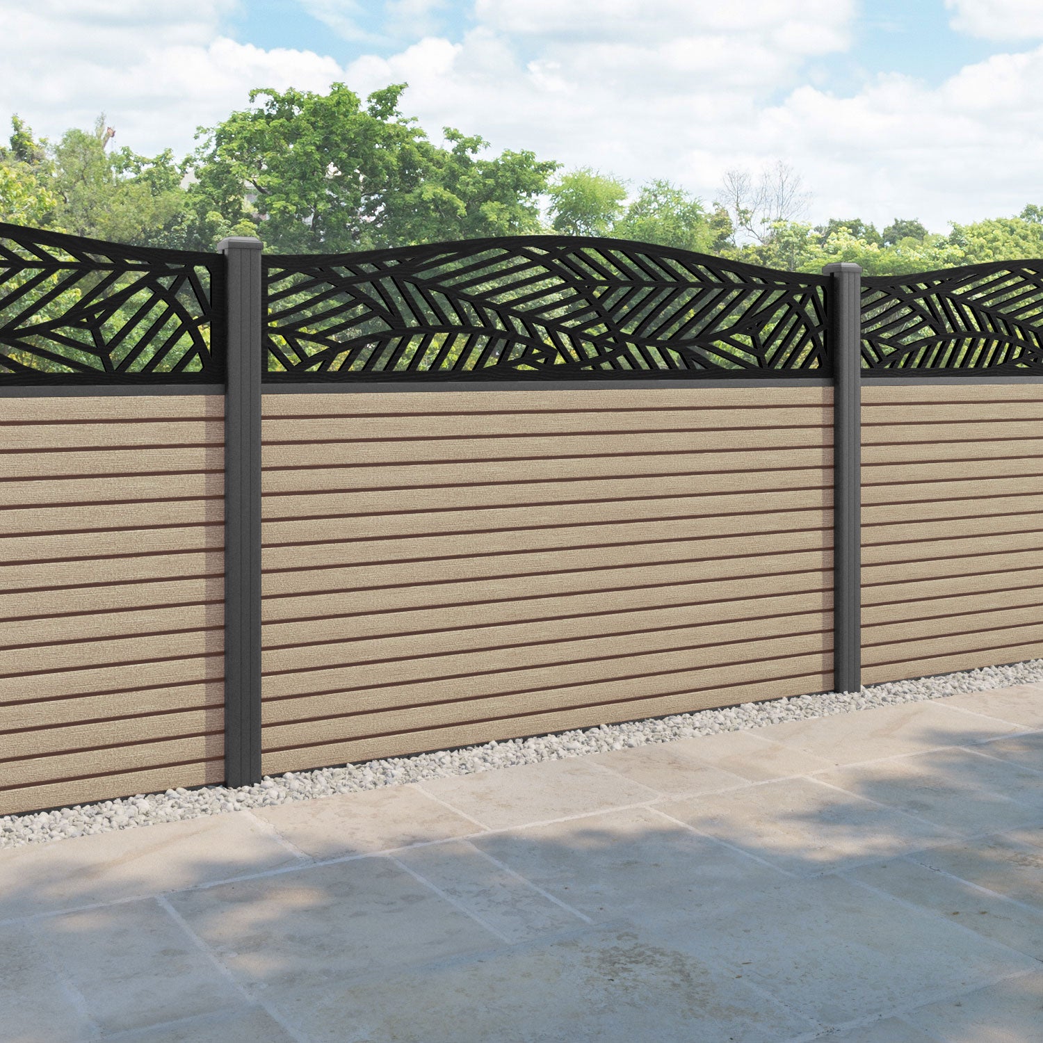 Hudson Habitat Curved Top Fence Panel - Light Oak - with our aluminium posts