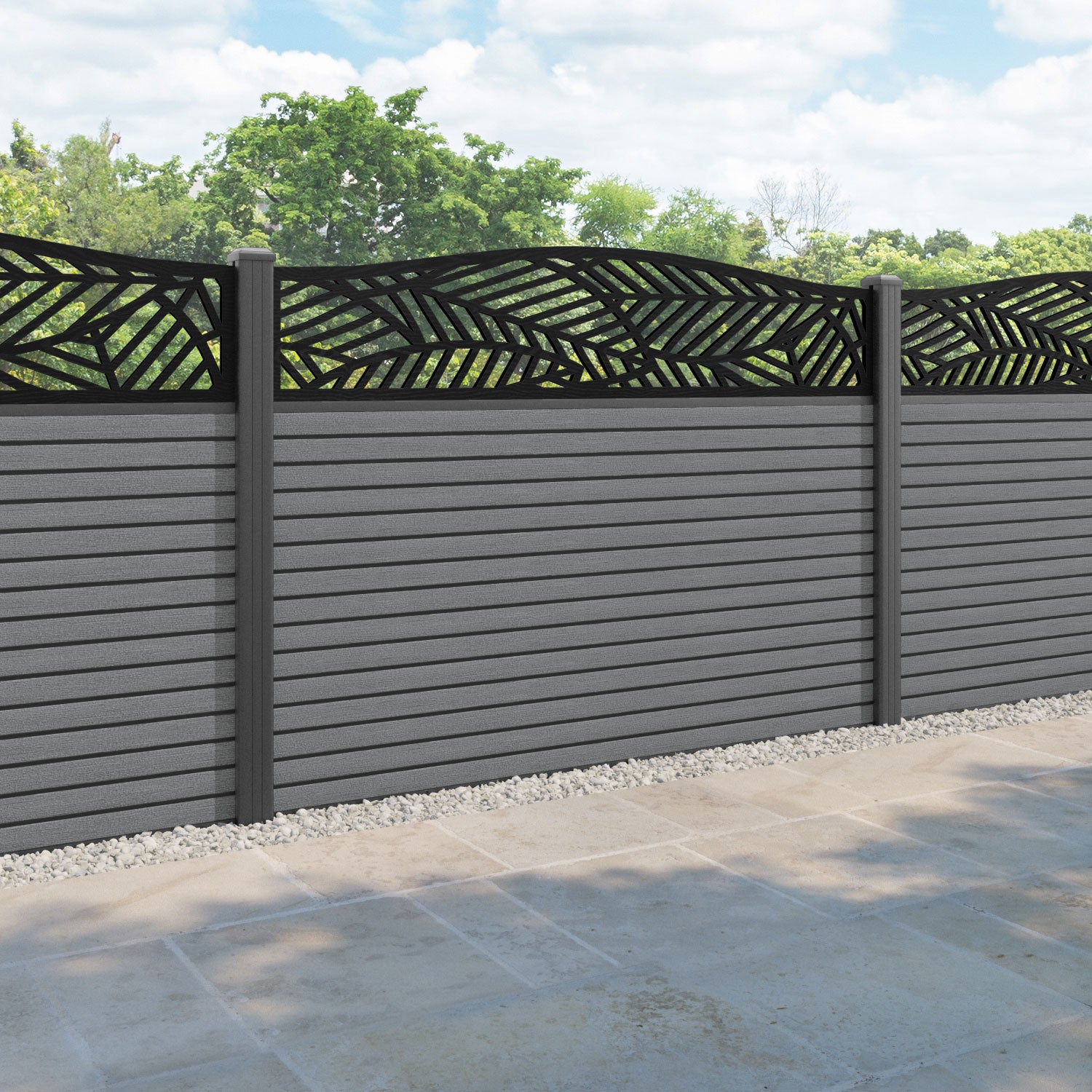 Hudson Habitat Curved Top Fence Panel - Mid Grey - with our aluminium posts