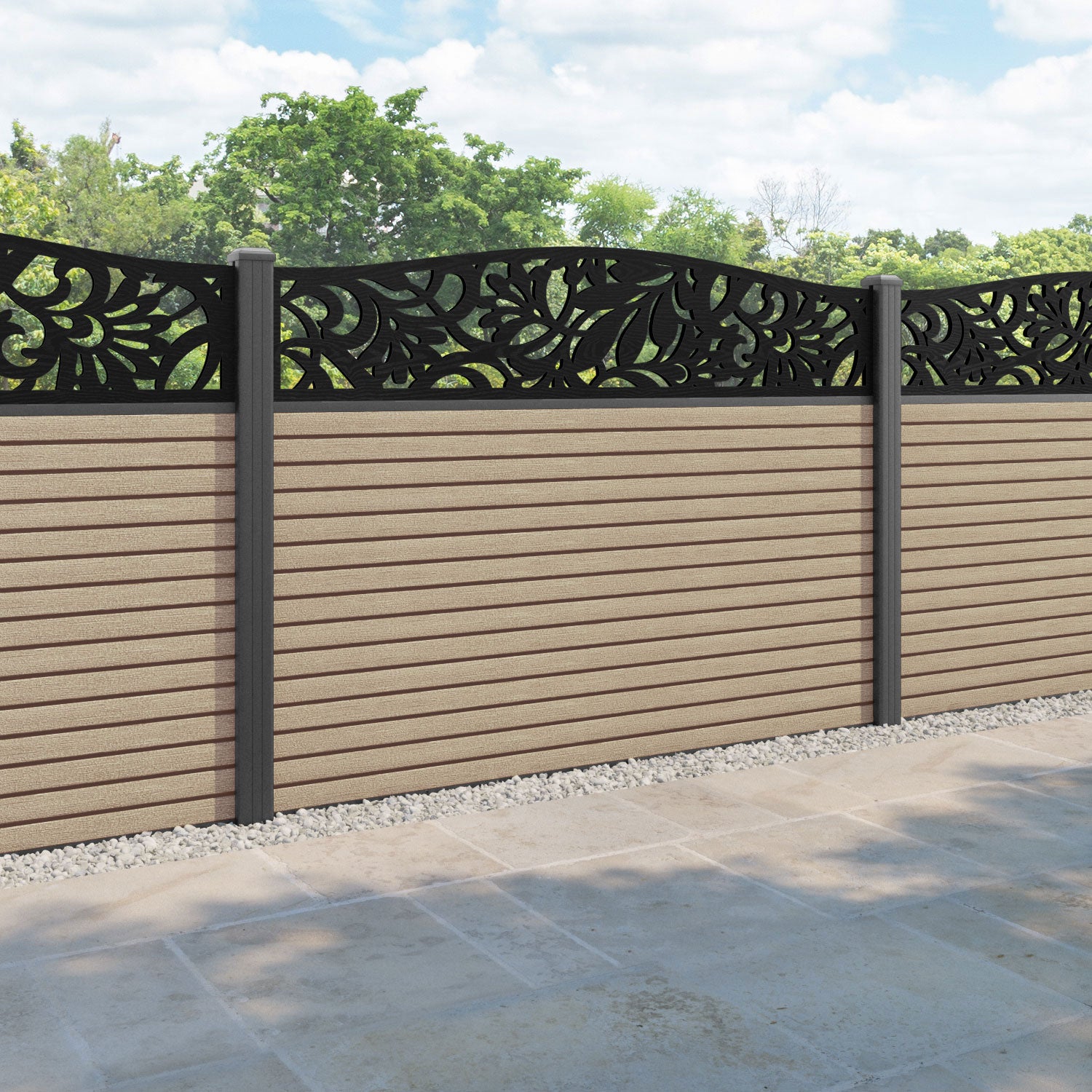 Hudson Heritage Curved Top Fence Panel - Light Oak - with our aluminium posts