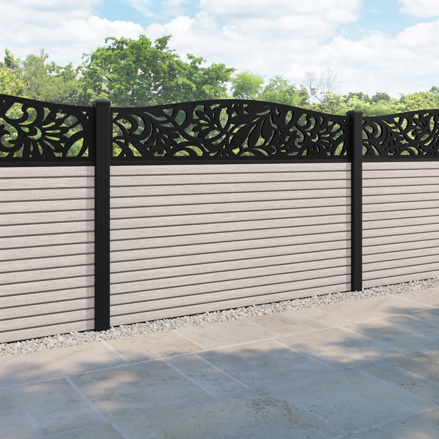 Hudson Heritage Curved Top Fence Panel - Mid Stone - with our aluminium posts