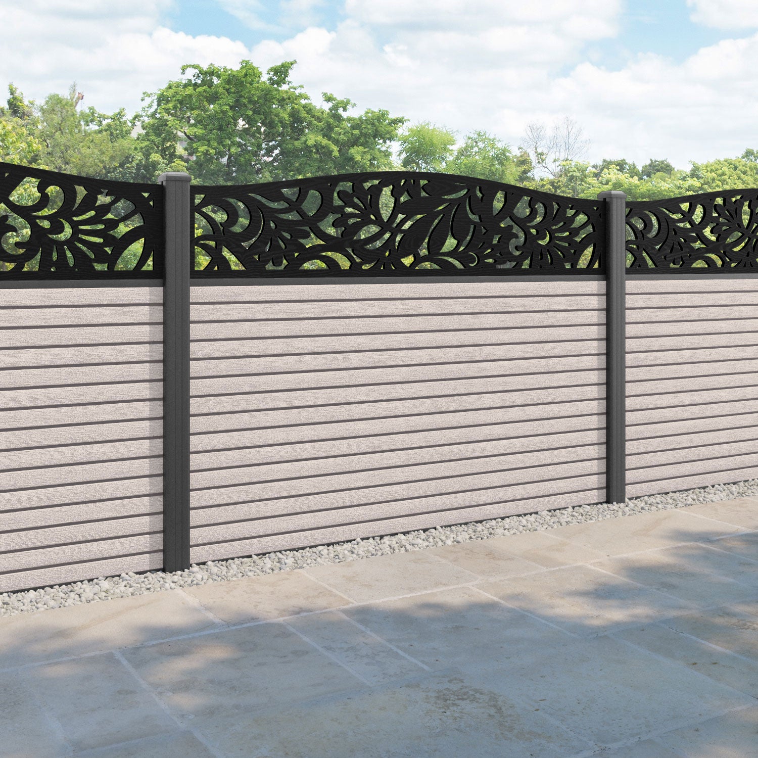 Hudson Heritage Curved Top Fence Panel - Mid Stone - with our aluminium posts