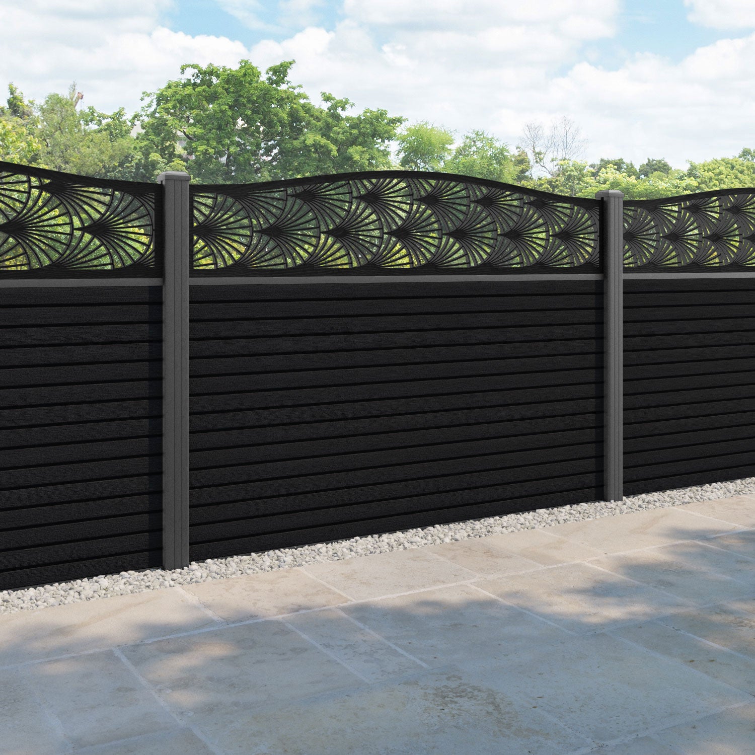 Hudson Laurel Curved Top Fence Panel - Black - with our aluminium posts