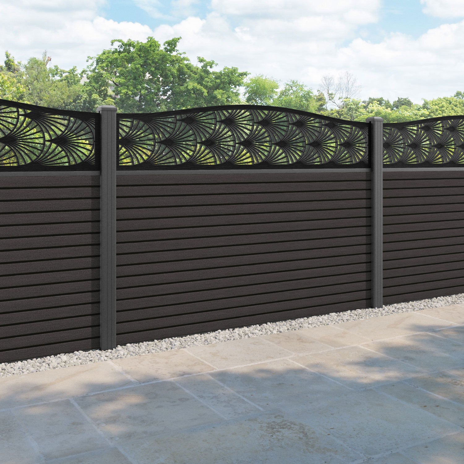Hudson Laurel Curved Top Fence Panel - Dark Oak - with our aluminium posts