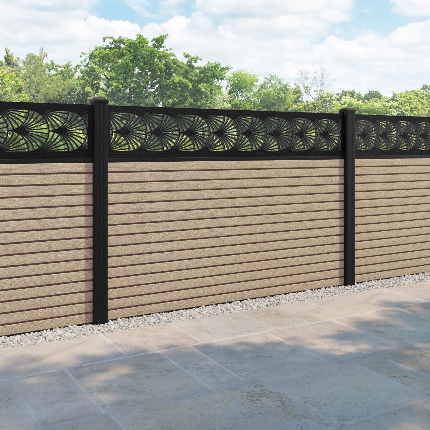Hudson Laurel Fence Panel - Light Oak - with our aluminium posts