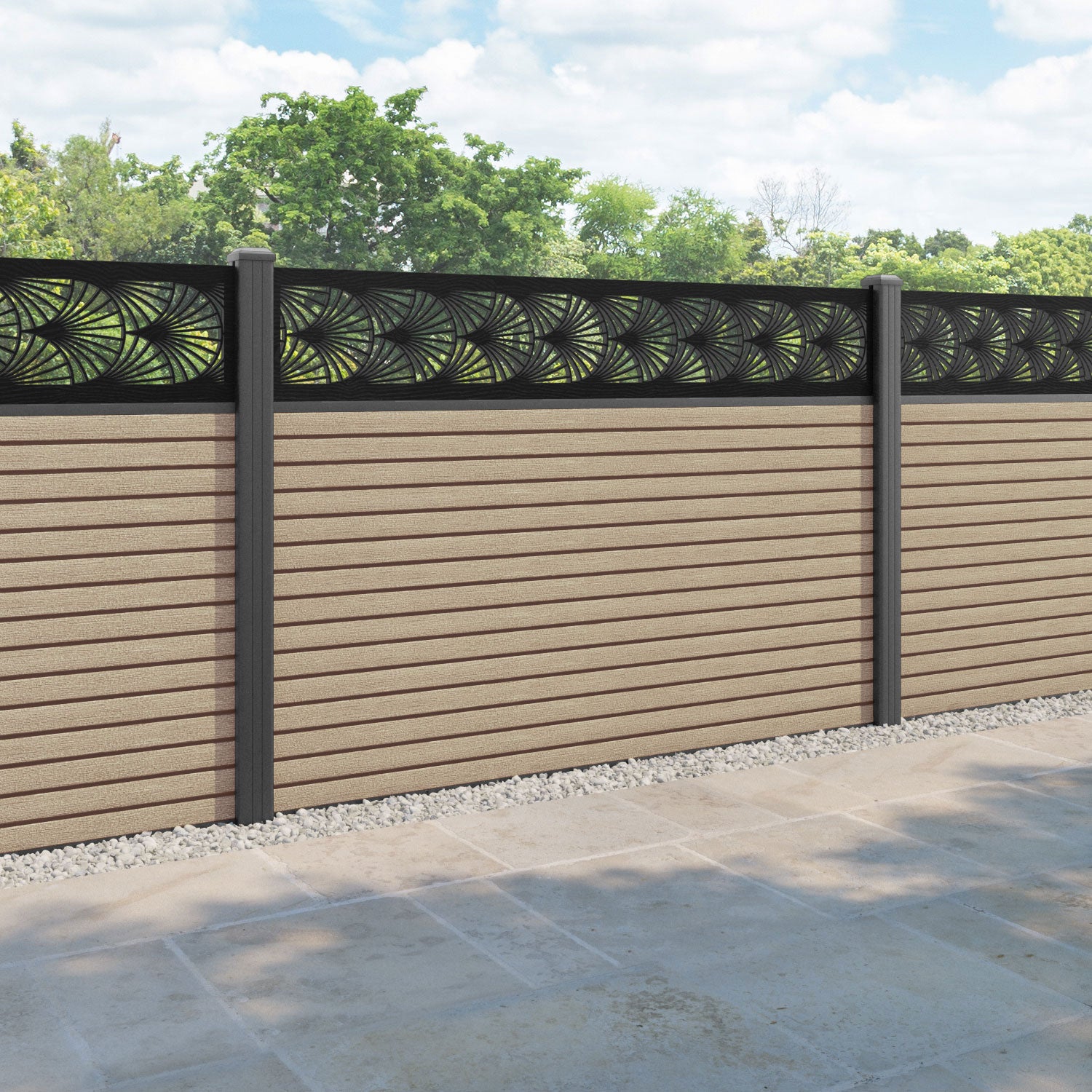 Hudson Laurel Fence Panel - Light Oak - with our aluminium posts