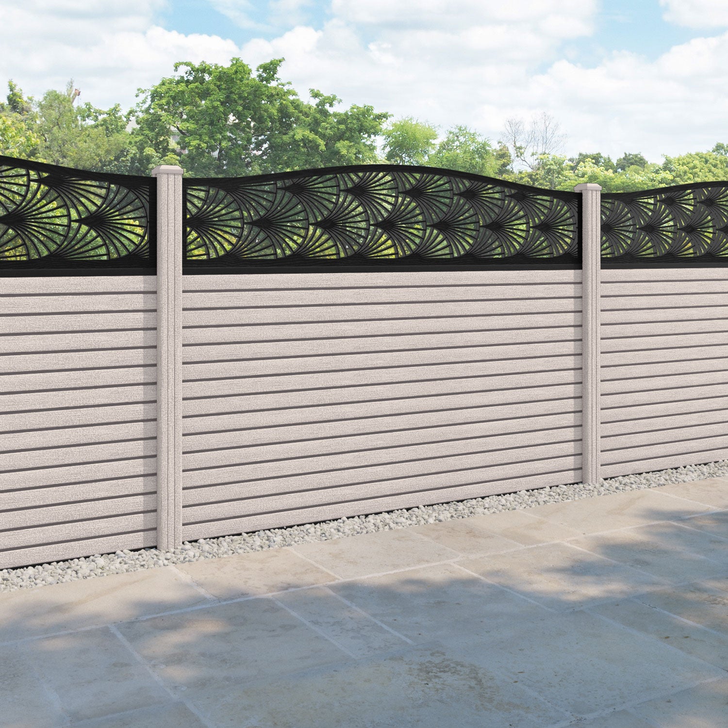 Hudson Laurel Curved Top Fence Panel - Mid Stone - with our composite posts
