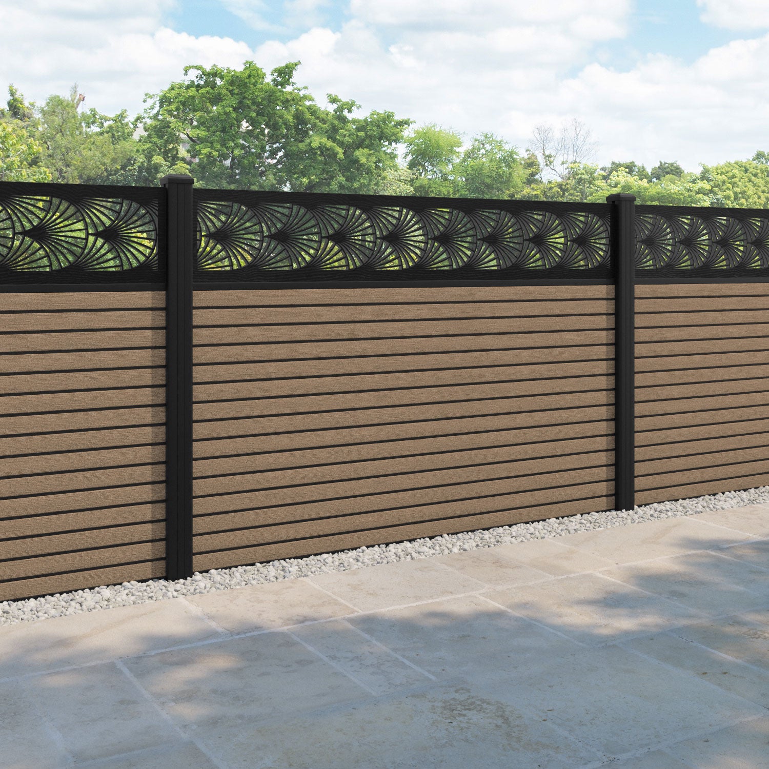Hudson Laurel Fence Panel - Teak - with our aluminium posts