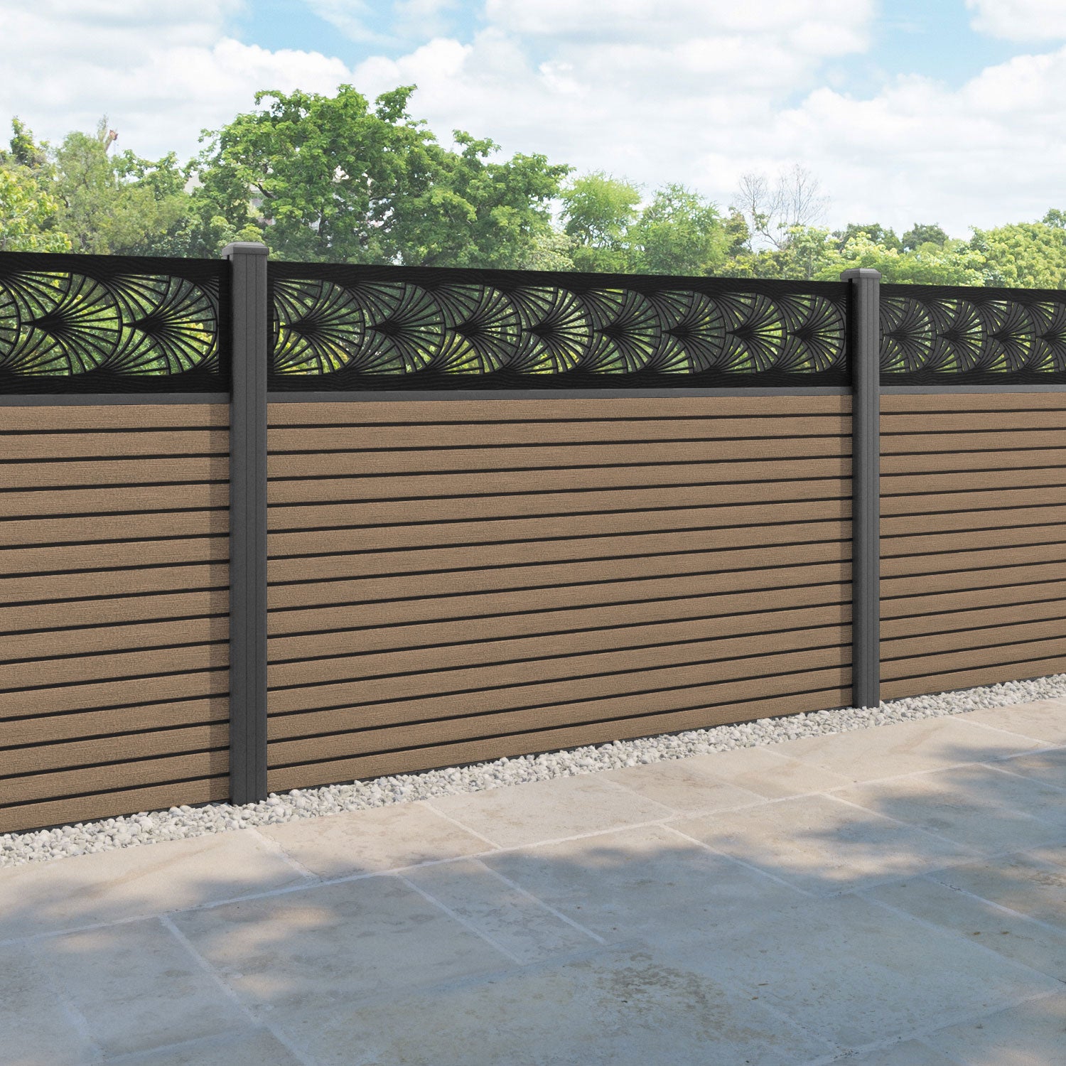 Hudson Laurel Fence Panel - Teak - with our aluminium posts