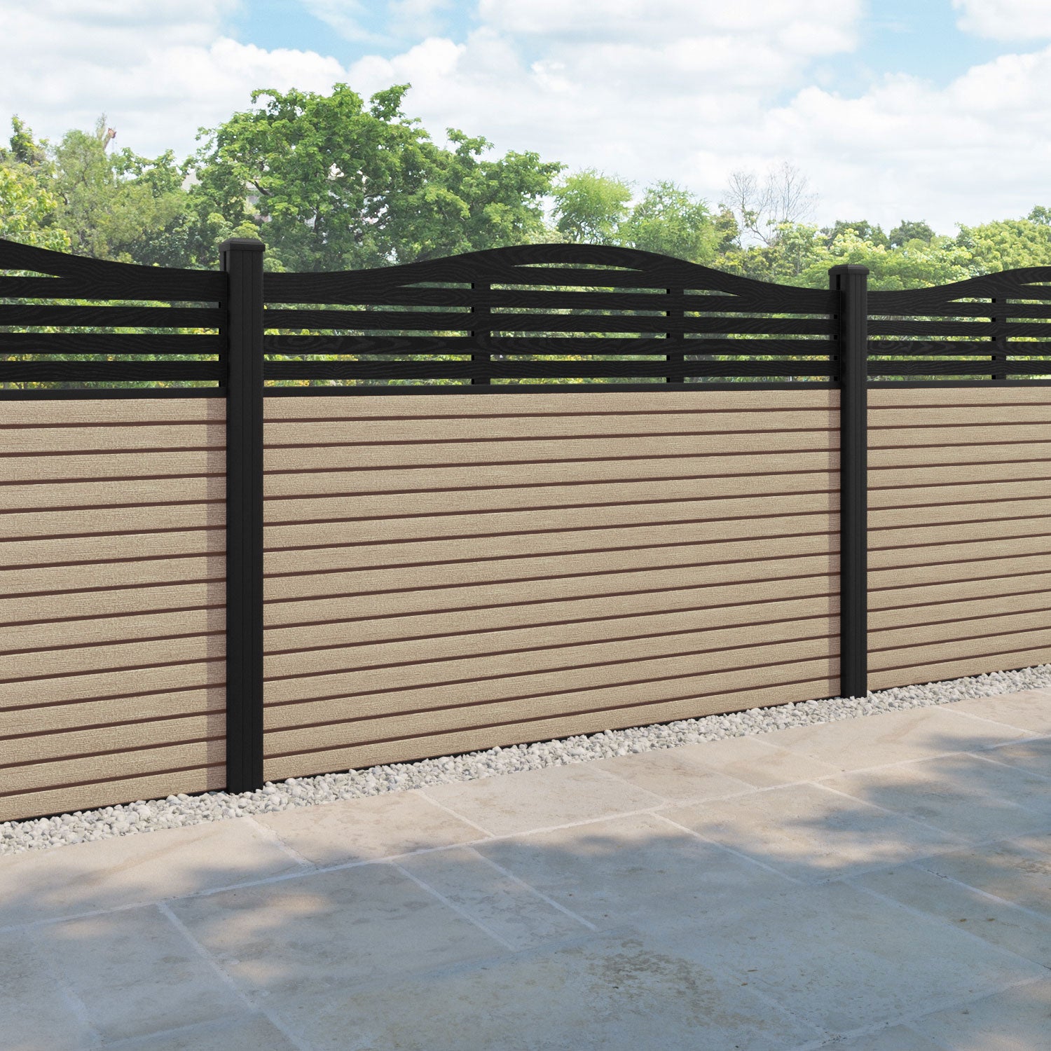 Hudson Aspen Curved Top Fence Panel - Light Oak - with our aluminium posts