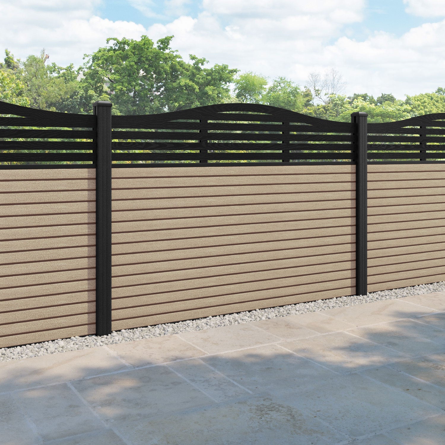 Hudson Aspen Curved Top Fence Panel - Light Oak - with our composite posts