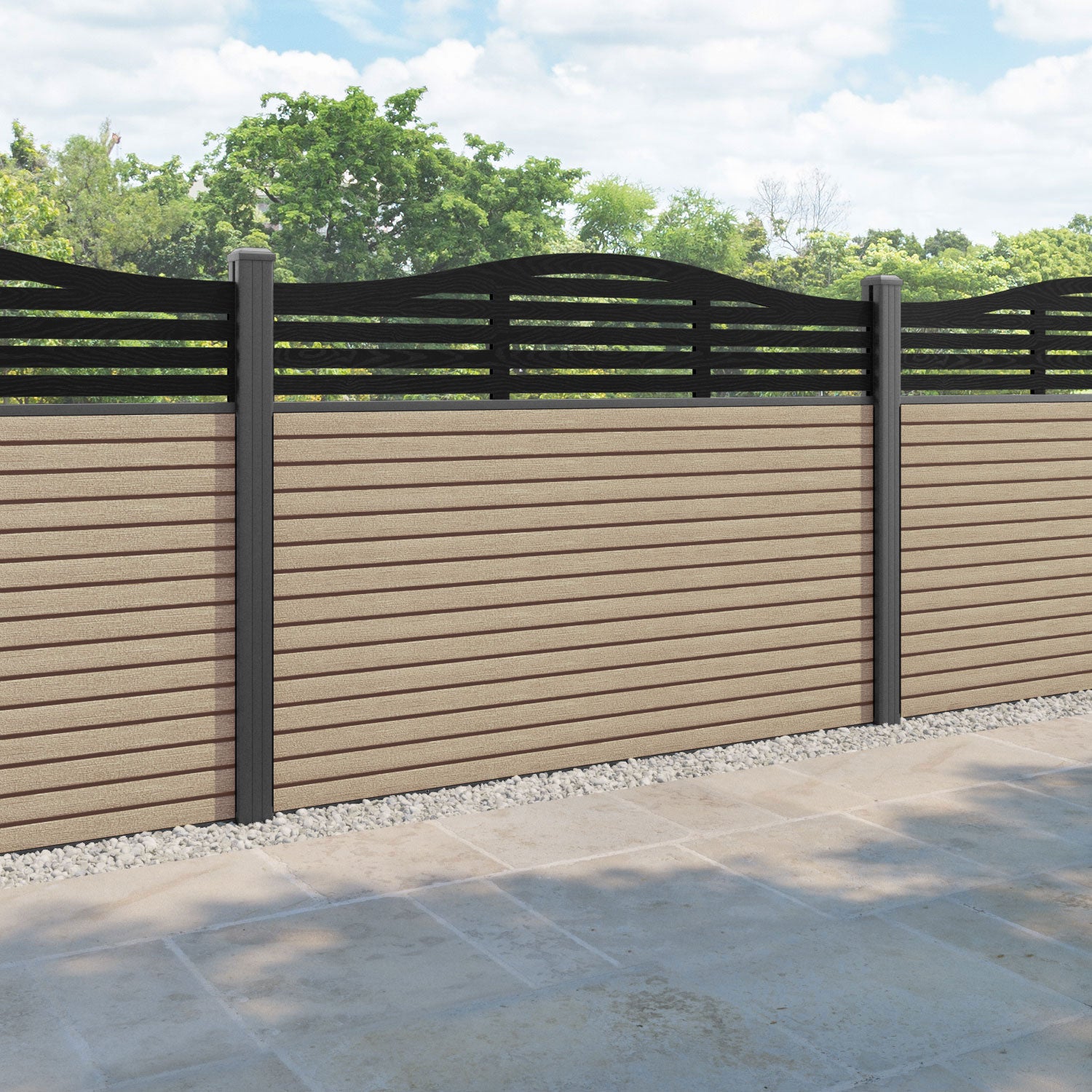 Hudson Aspen Curved Top Fence Panel - Light Oak - with our aluminium posts