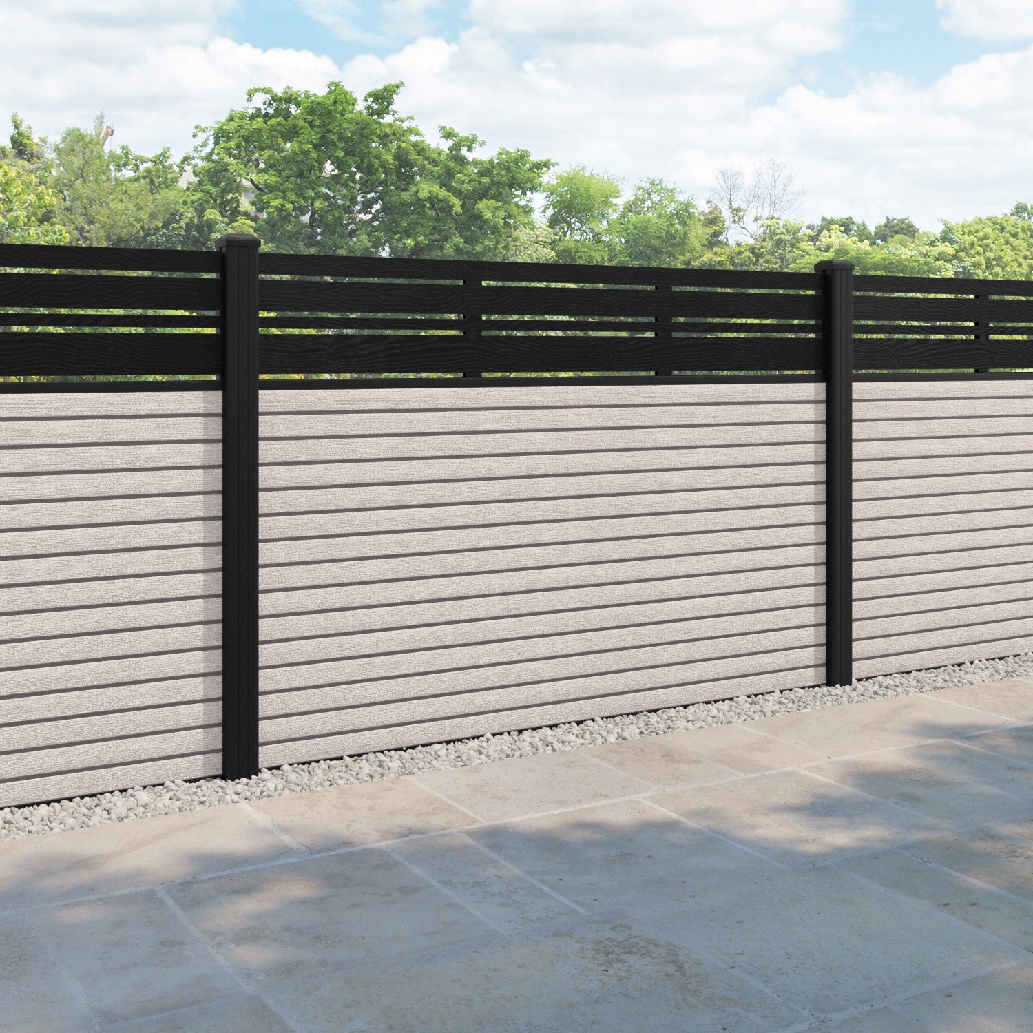 Hudson Linea Fence Panel - Mid Stone - with our aluminium posts
