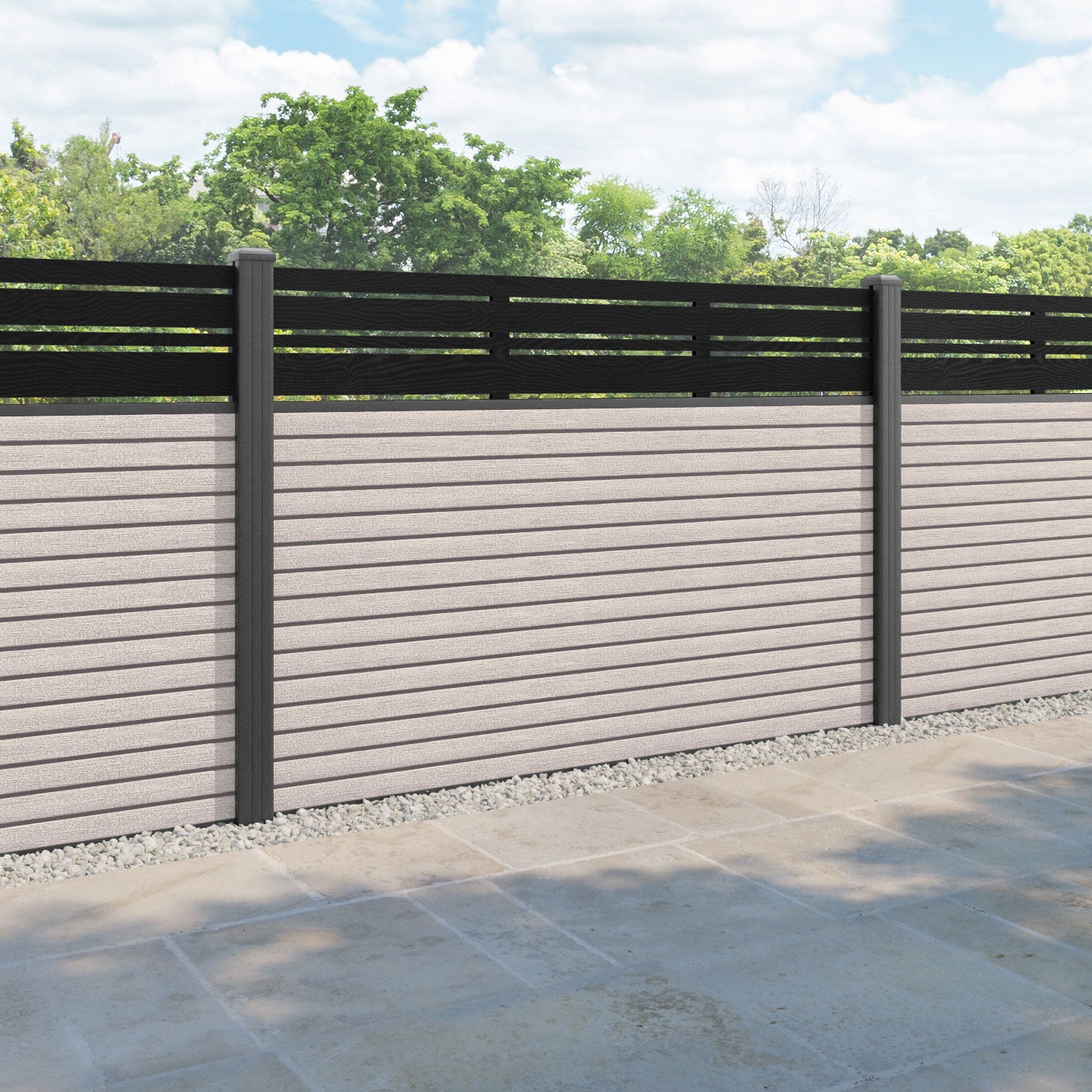 Hudson Linea Fence Panel - Mid Stone - with our aluminium posts
