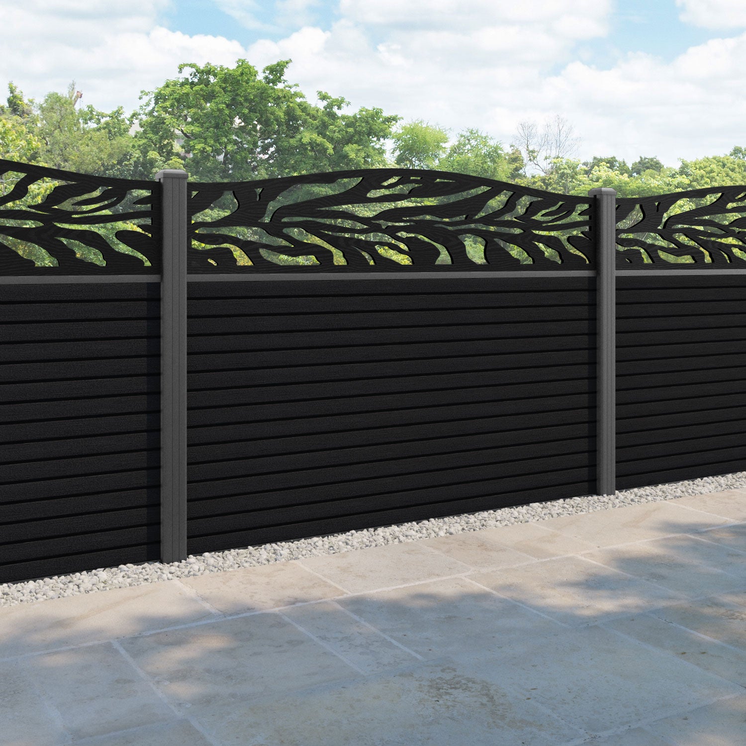Hudson Malawi Curved Top Fence Panel - Black - with our aluminium posts