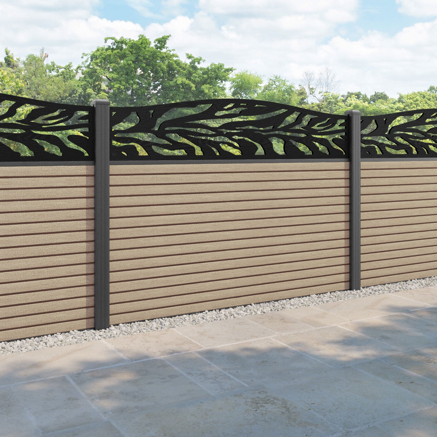 Hudson Malawi Curved Top Fence Panel - Light Oak - with our aluminium posts