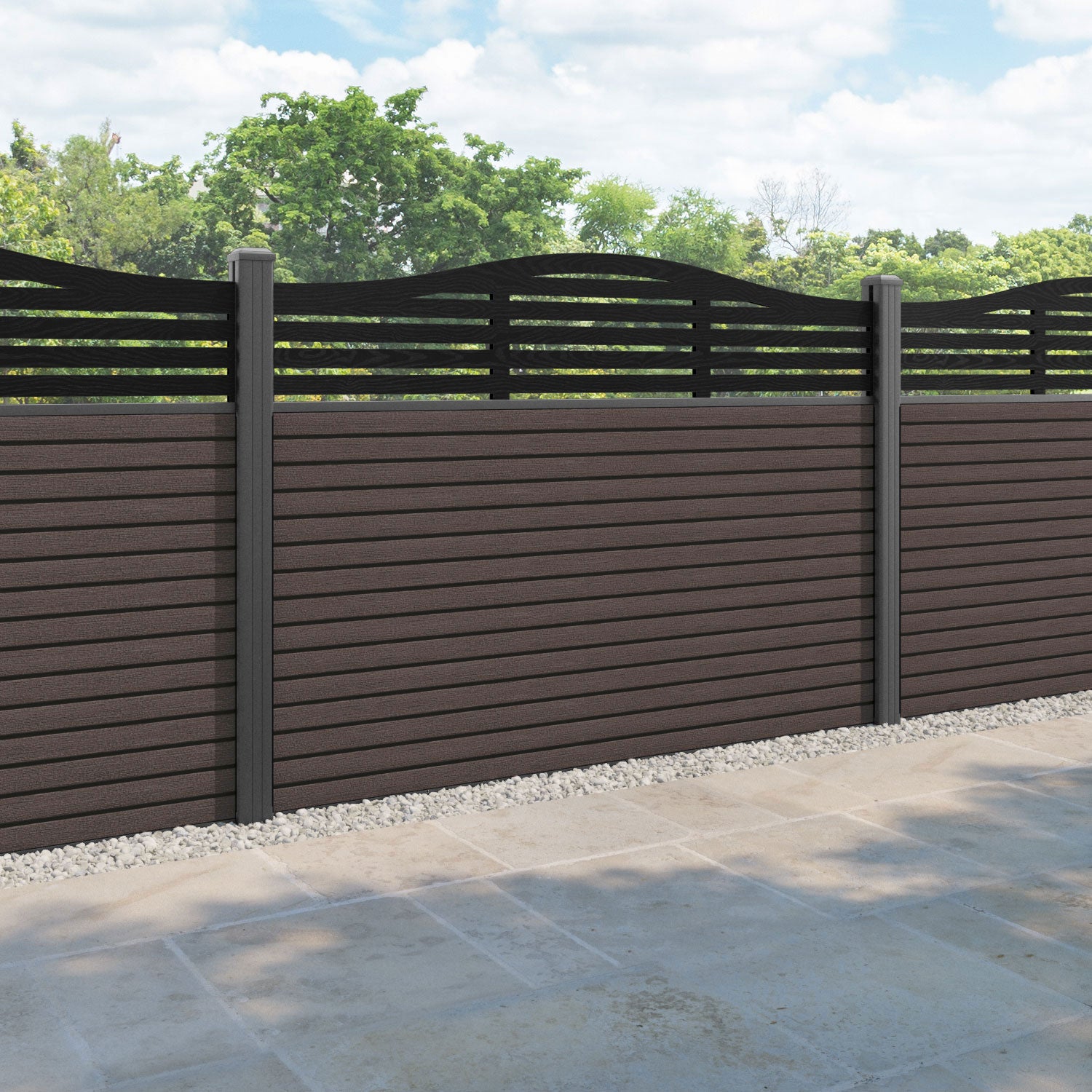 Hudson Aspen Curved Top Fence Panel - Mid Brown - with our aluminium posts