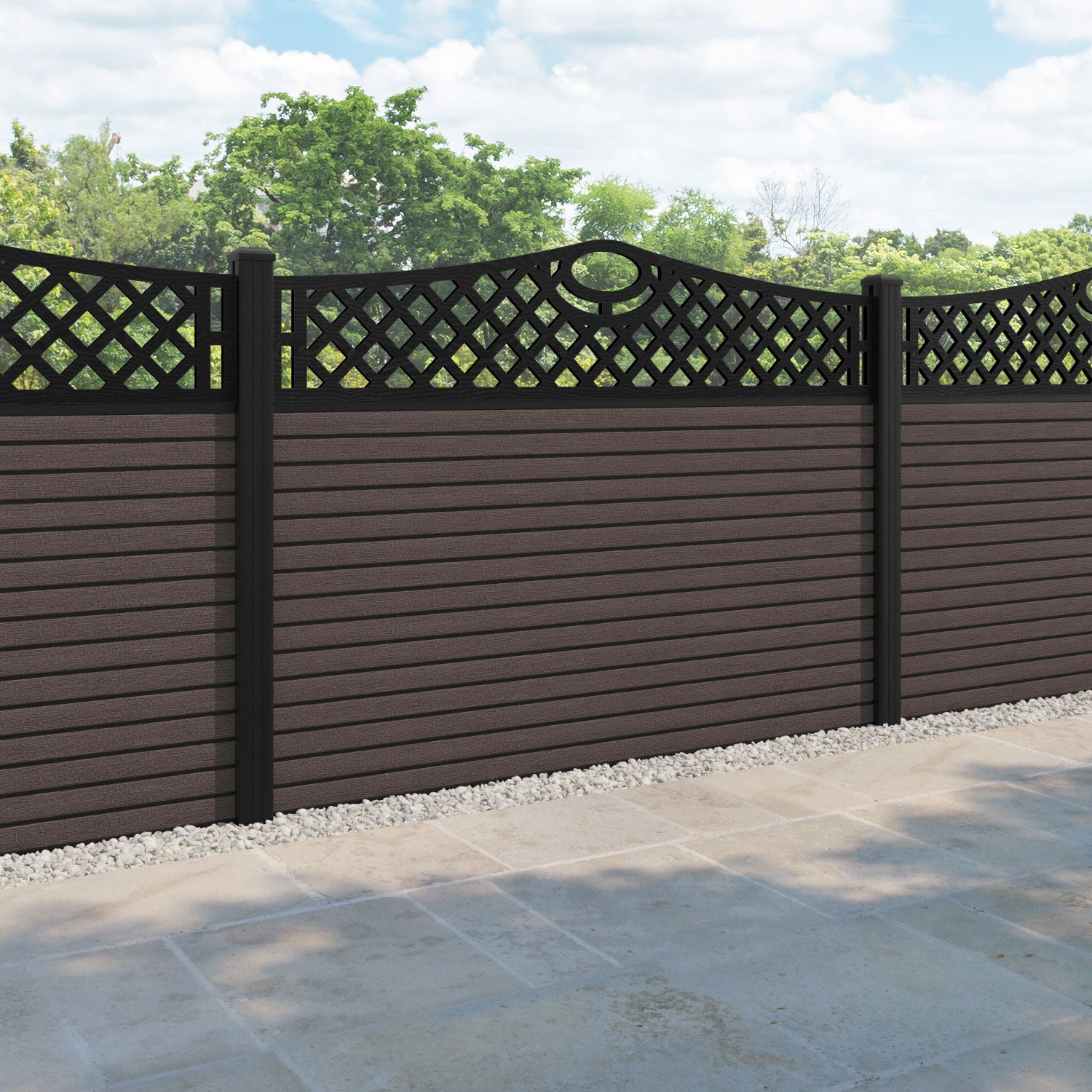 Hudson Oxford Curved Top Fence Panel - Mid Brown - with our aluminium posts