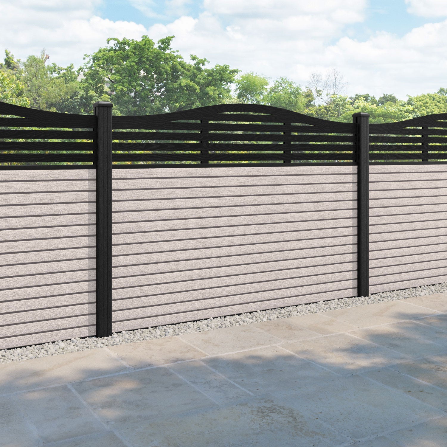 Hudson Aspen Curved Top Fence Panel - Mid Stone - with our composite posts