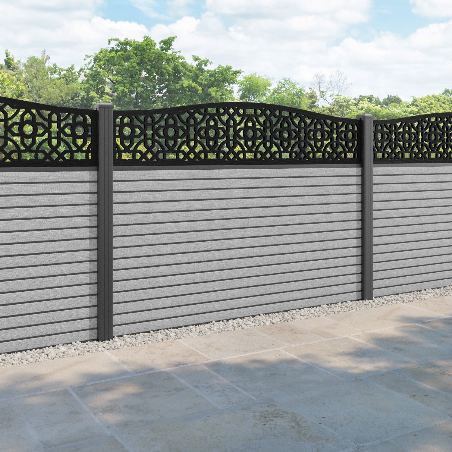 Hudson Nabila Curved Top Fence Panel - Light Grey - with our aluminium posts