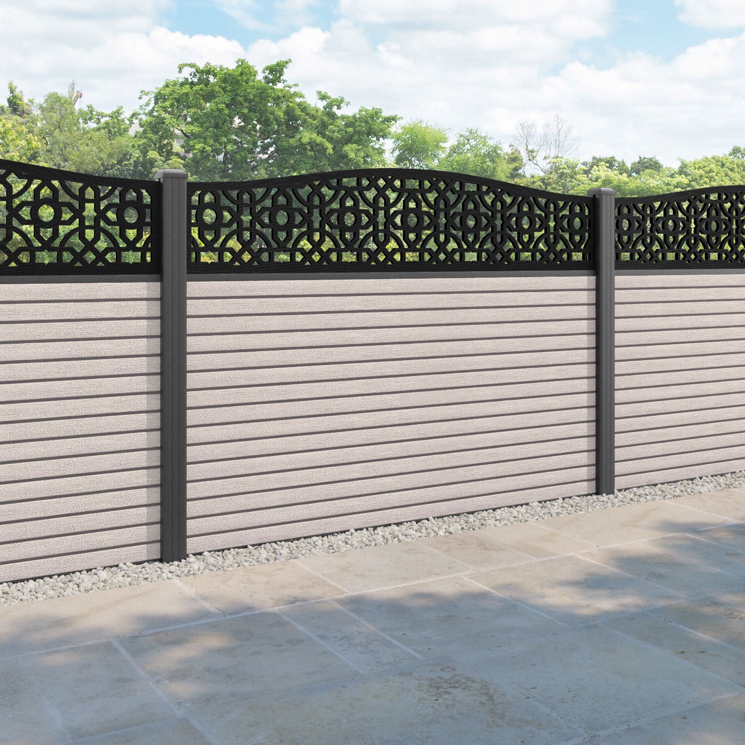 Hudson Nabila Curved Top Fence Panel - Mid Stone - with our aluminium posts