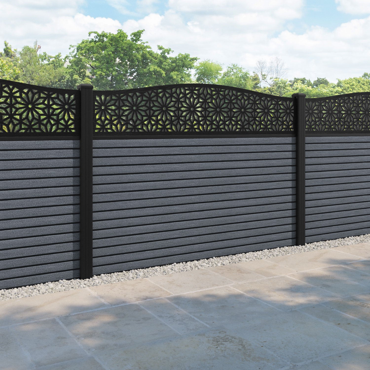 Hudson Narwa Curved Top Fence Panel - Anthracite - with our aluminium posts