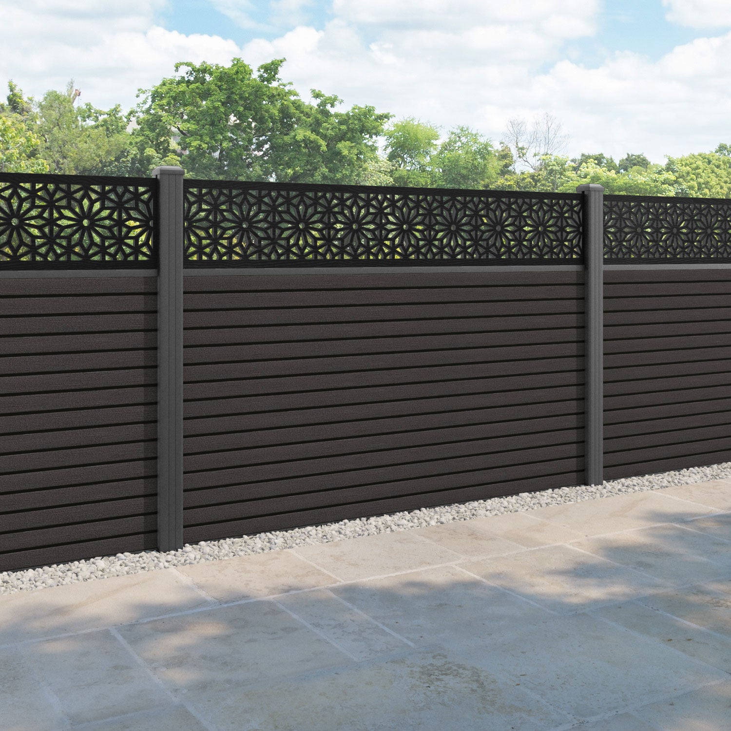 Hudson Narwa Fence Panel - Dark Oak - with our aluminium posts
