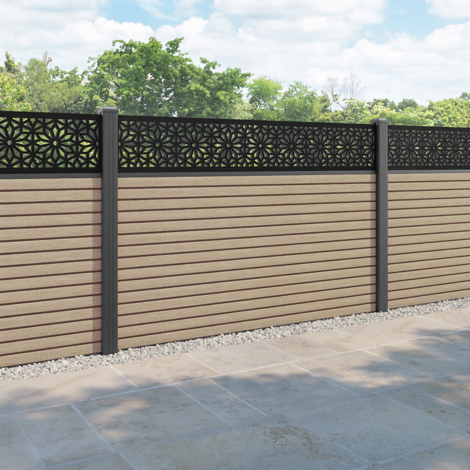 Hudson Narwa Fence Panel - Light Oak - with our aluminium posts