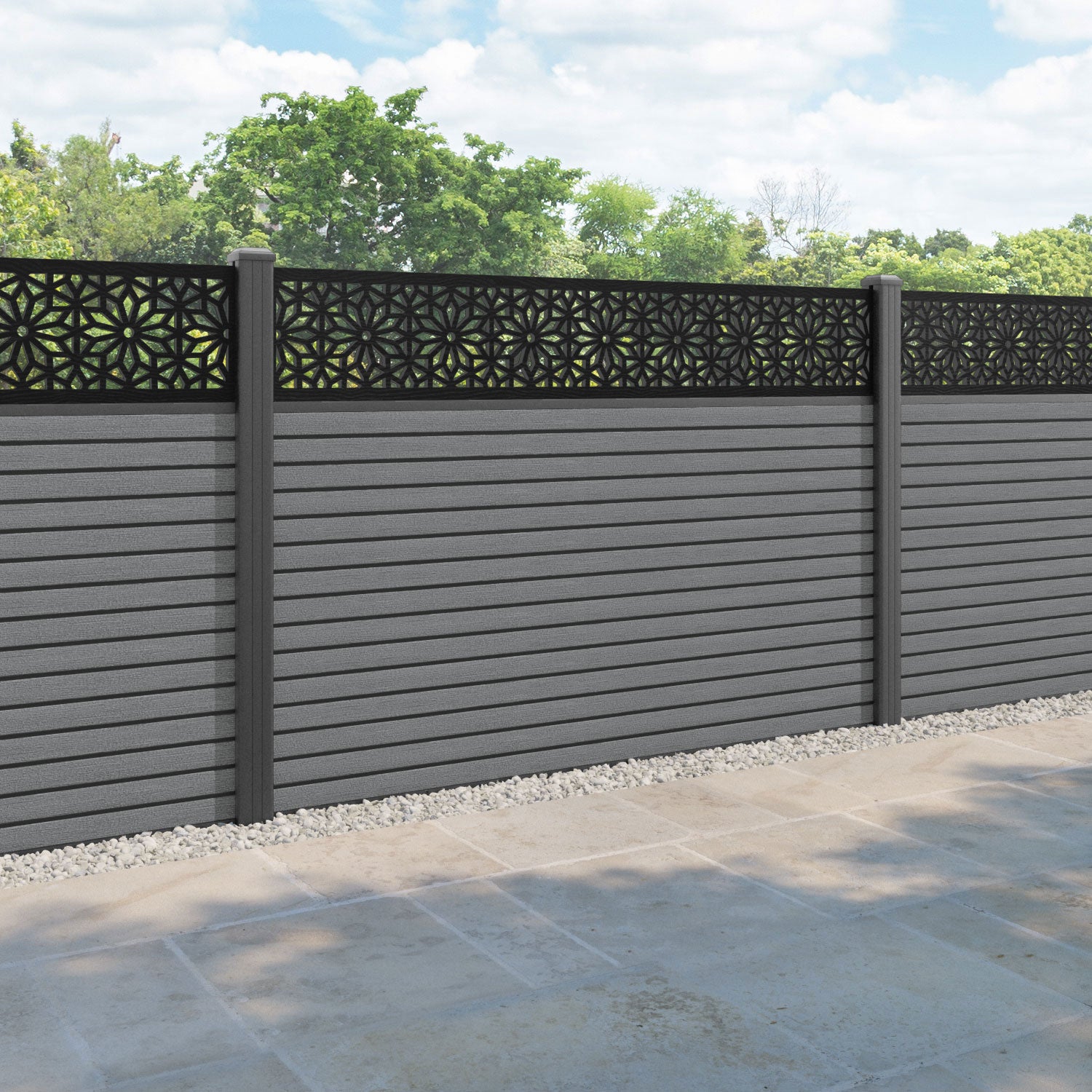 Hudson Narwa Fence Panel - Mid Grey - with our aluminium posts