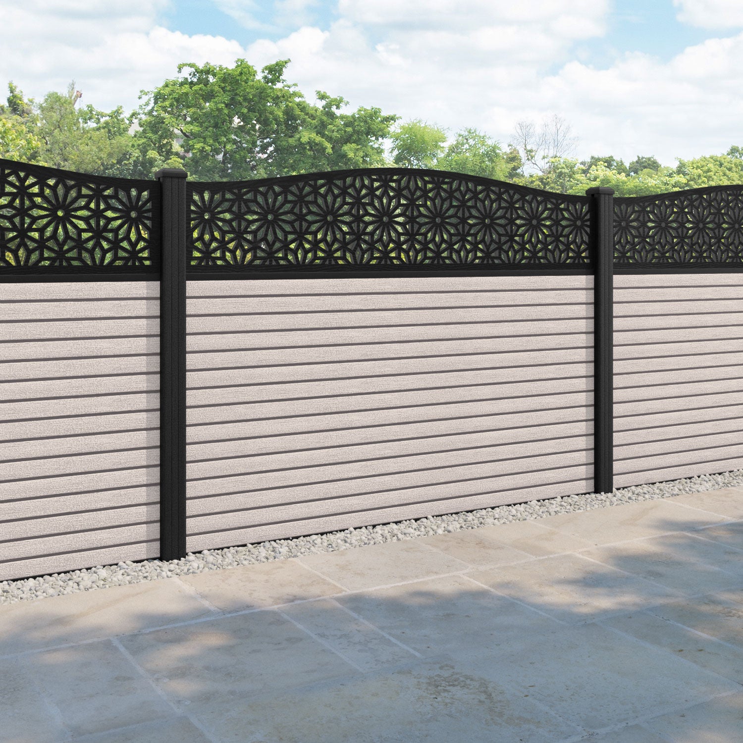 Hudson Narwa Curved Top Fence Panel - Mid Stone - with our composite posts