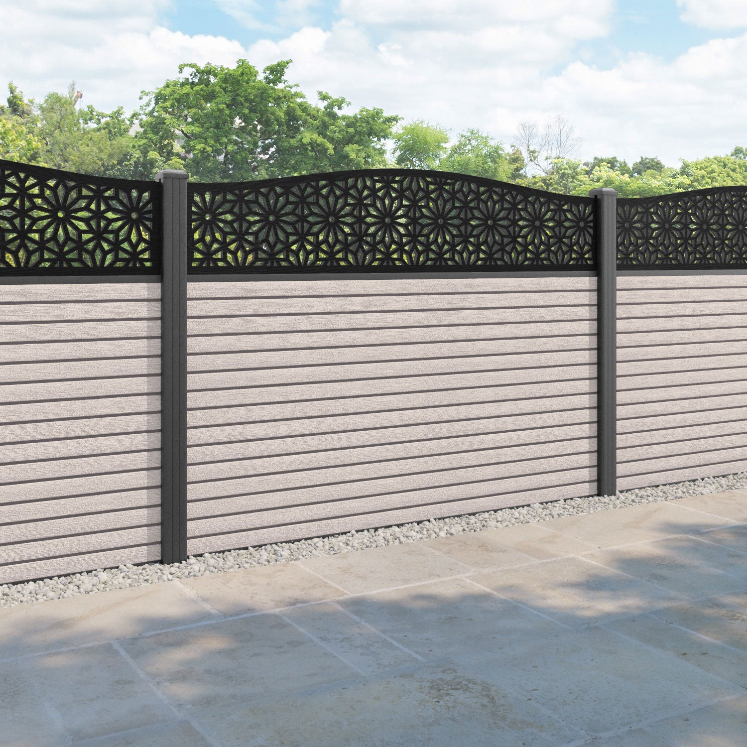 Hudson Narwa Curved Top Fence Panel - Mid Stone - with our aluminium posts