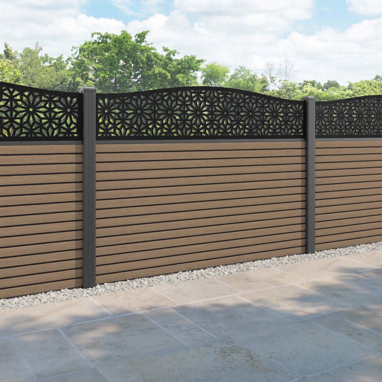 Hudson Narwa Curved Top Fence Panel - Teak - with our aluminium posts