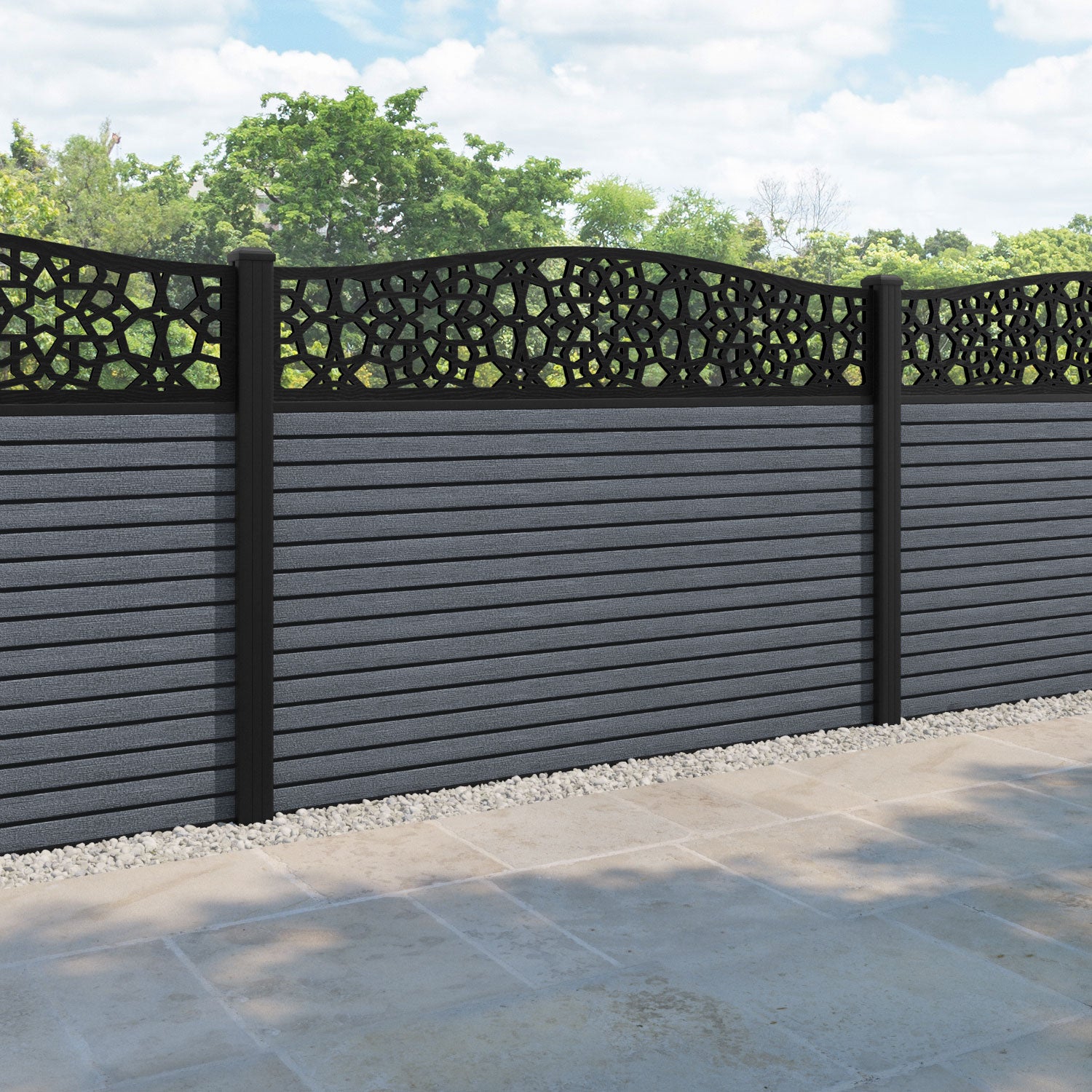 Hudson Nazira Curved Top Fence Panel - Anthracite - with our aluminium posts