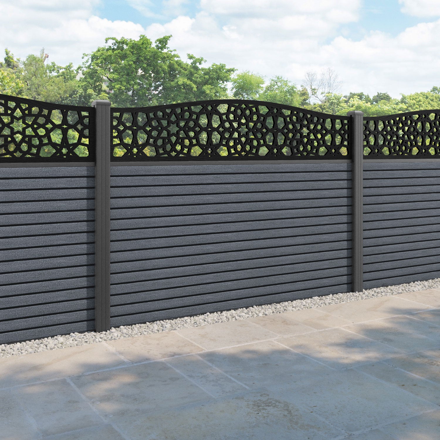 Hudson Nazira Curved Top Fence Panel - Anthracite - with our aluminium posts