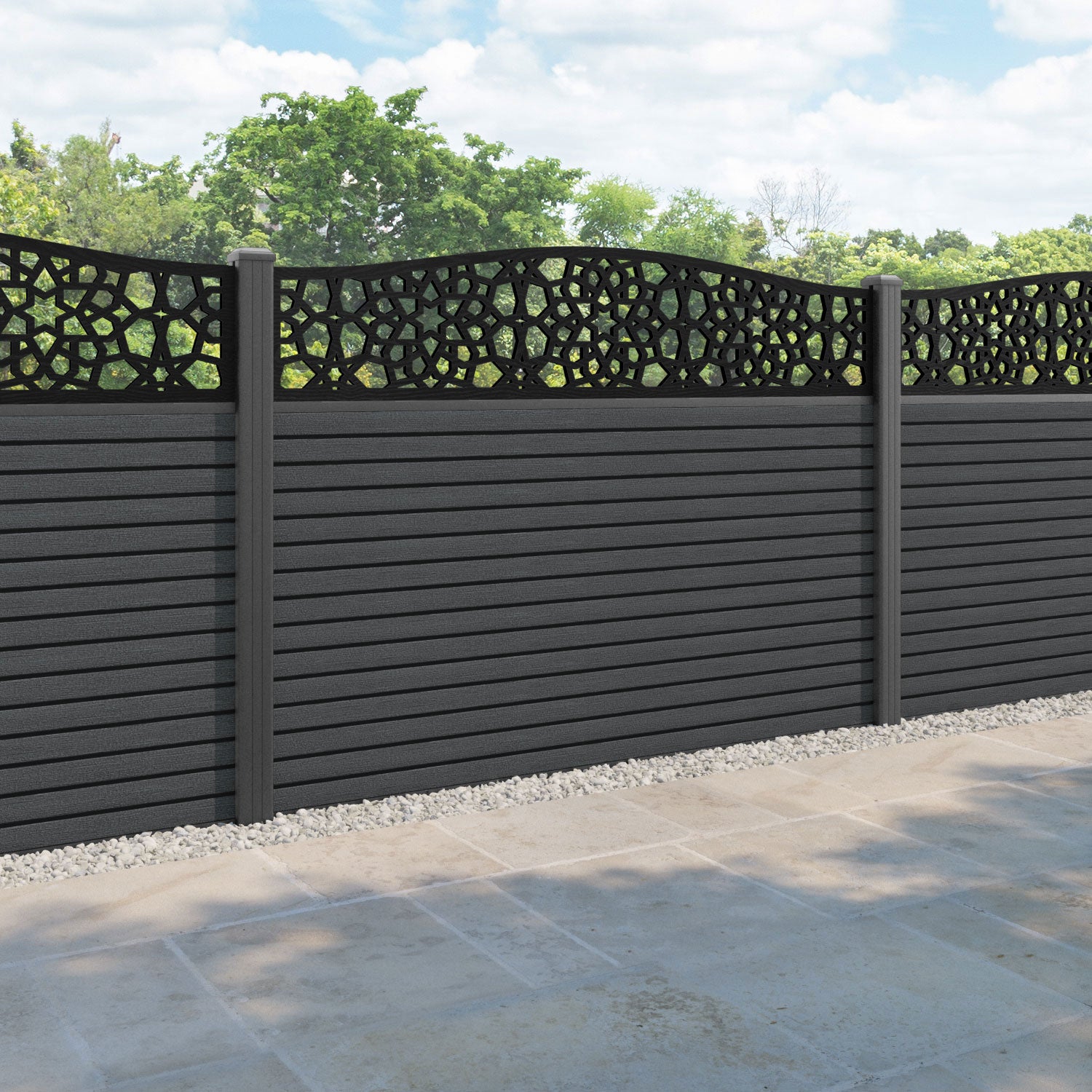 Hudson Nazira Curved Top Fence Panel - Dark Grey - with our aluminium posts
