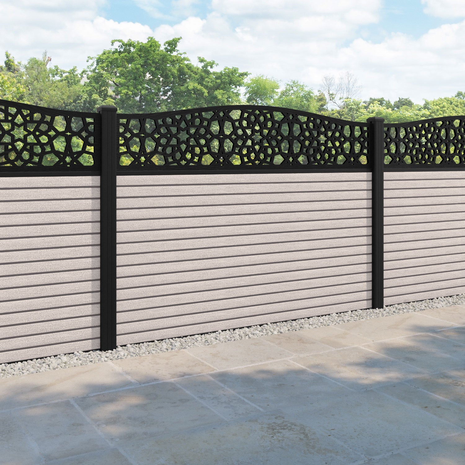 Hudson Nazira Curved Top Fence Panel - Mid Stone - with our aluminium posts