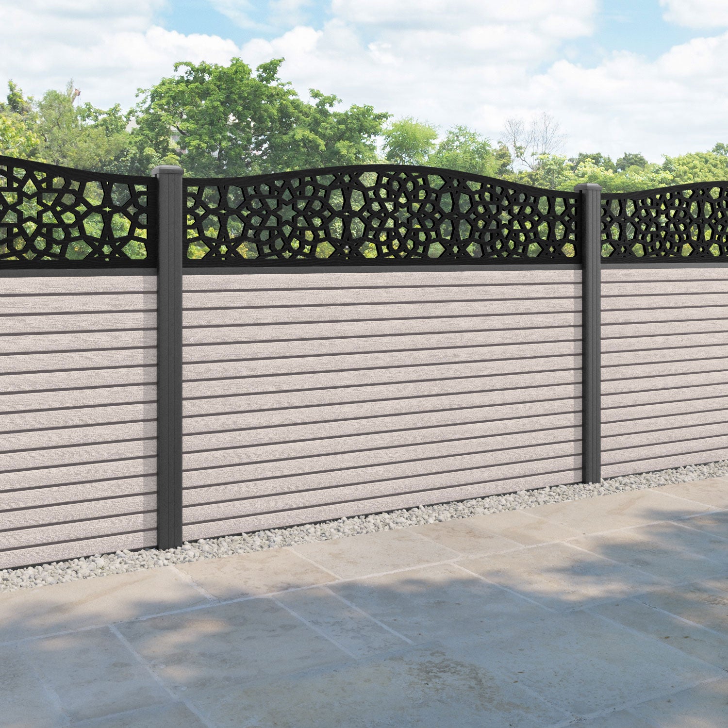 Hudson Nazira Curved Top Fence Panel - Mid Stone - with our aluminium posts